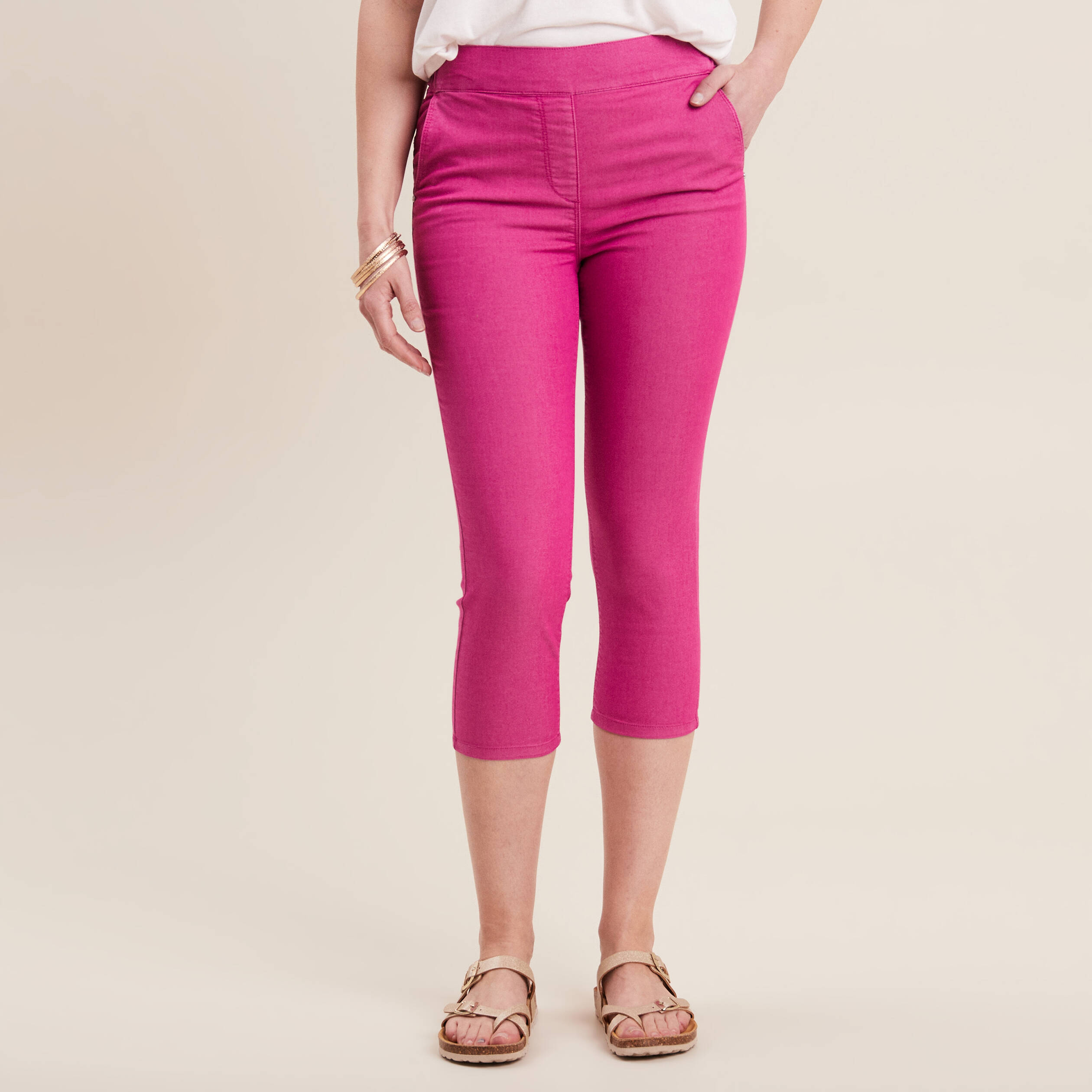 Pantacourt ajusté taille haute rose fushia femme