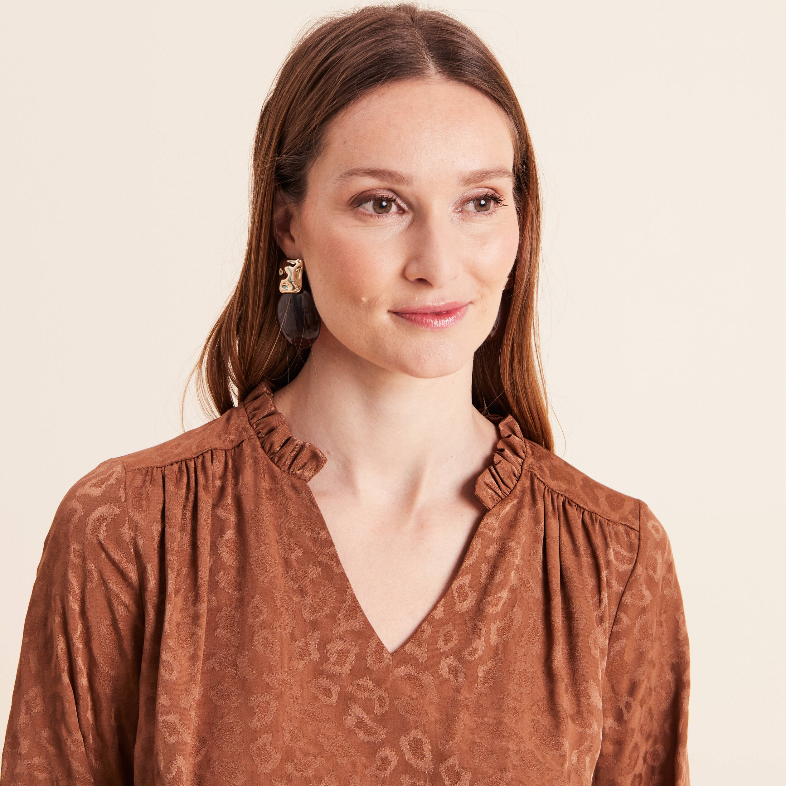 Blouse jacquard col v manches longues noir femme