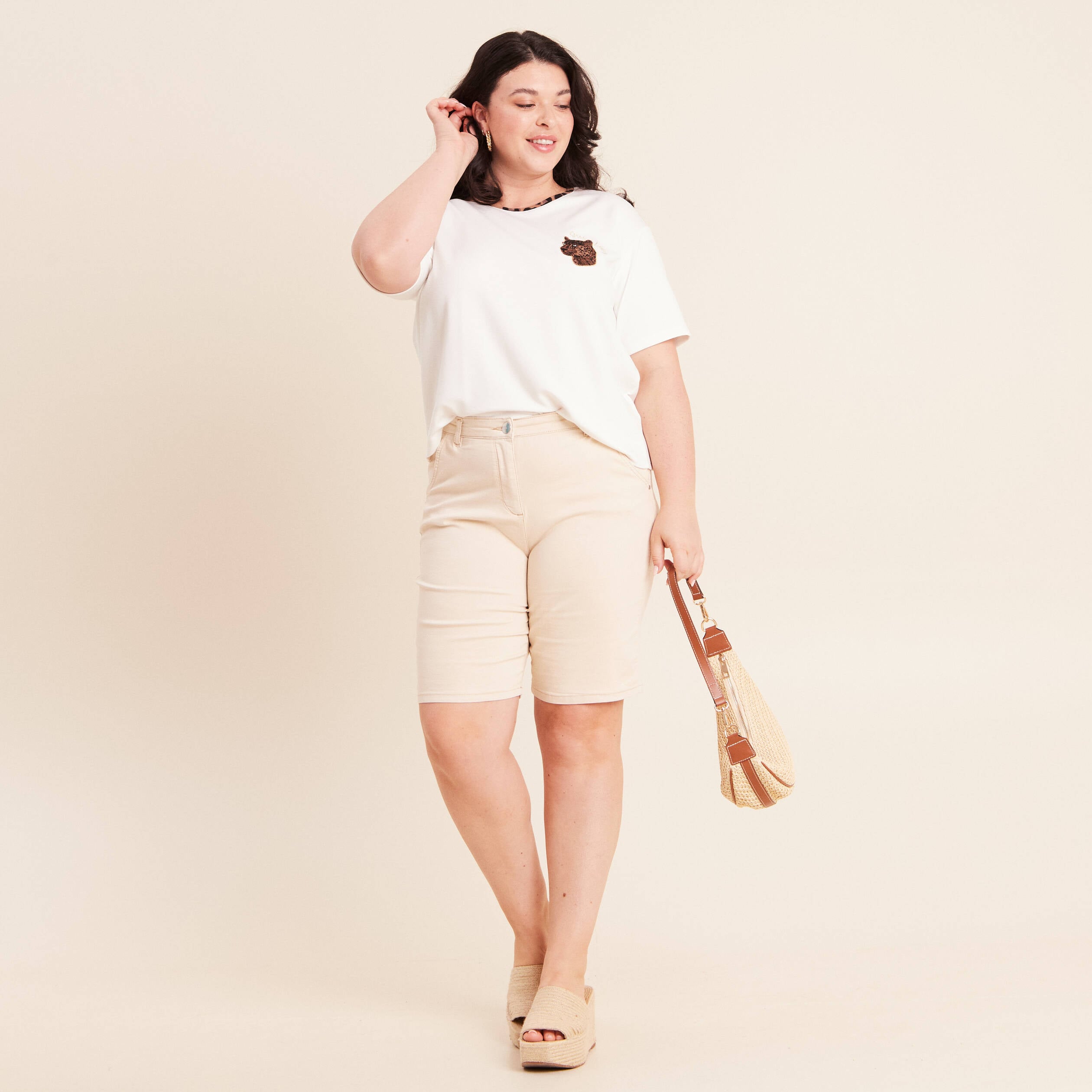 T-shirt col rond manches courtes ecru femme