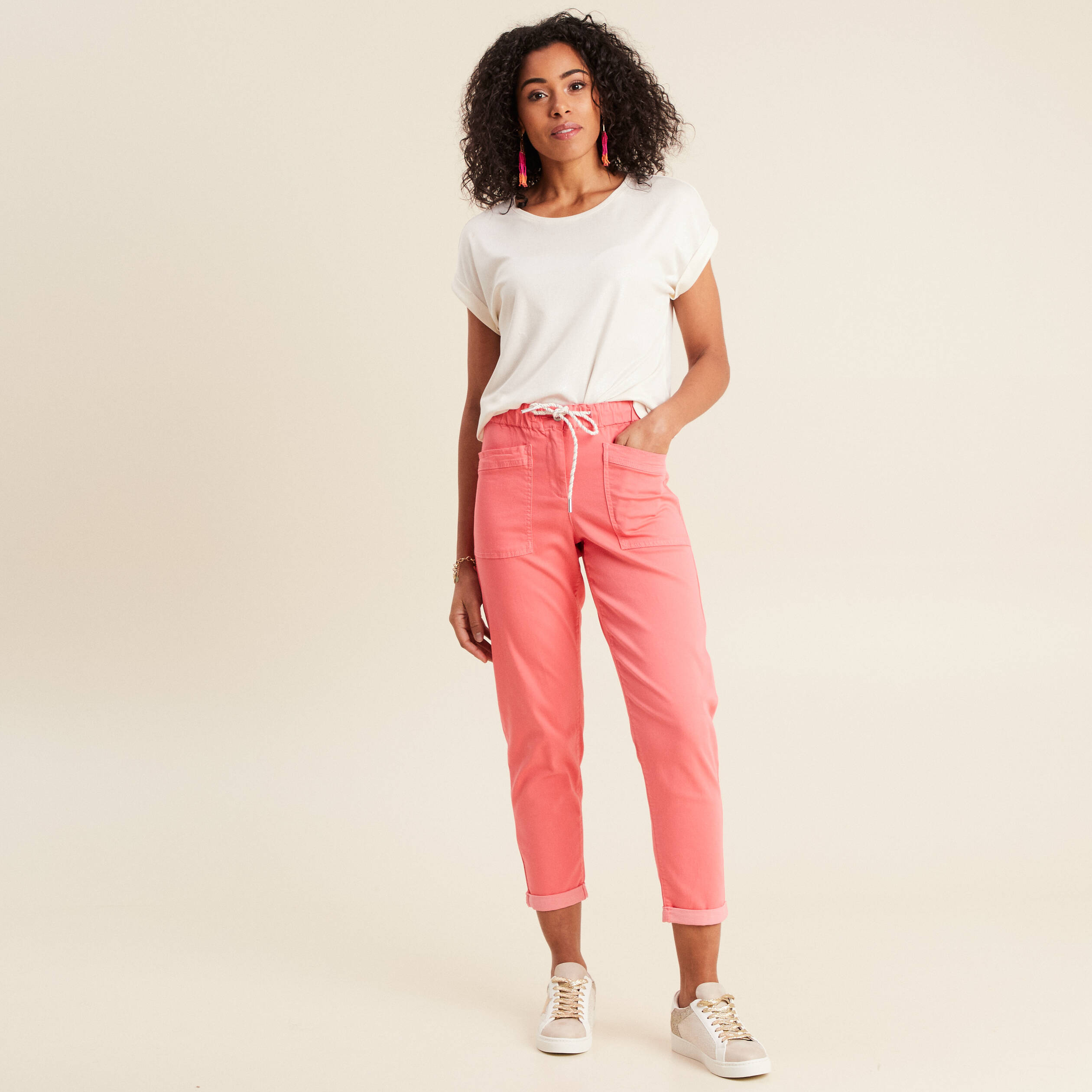 pantalon coupe droite a coulisse rose vif femme Pantalon coupe droite à coulisse rose vif femme