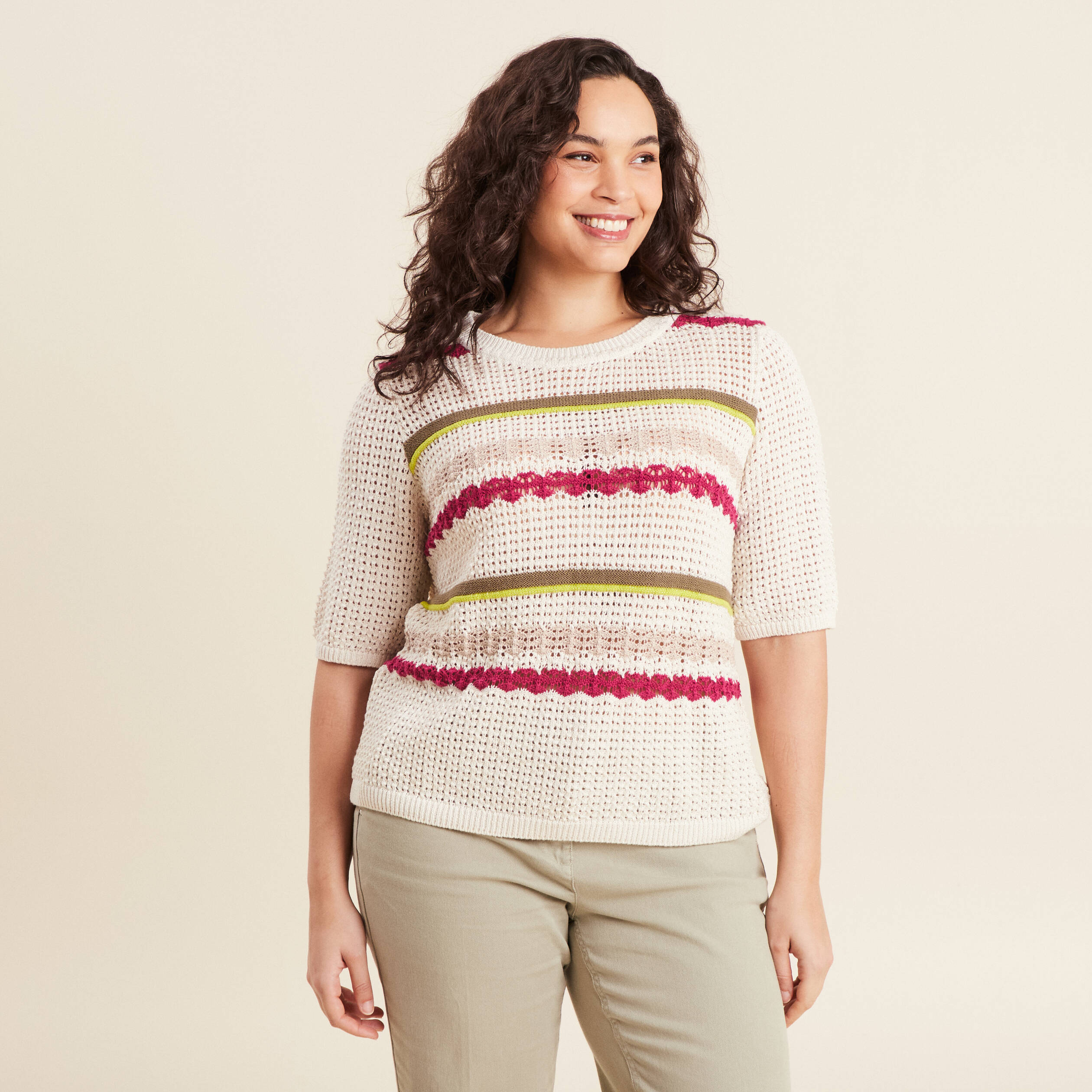 Pull dentelle col bateau multicolore femme