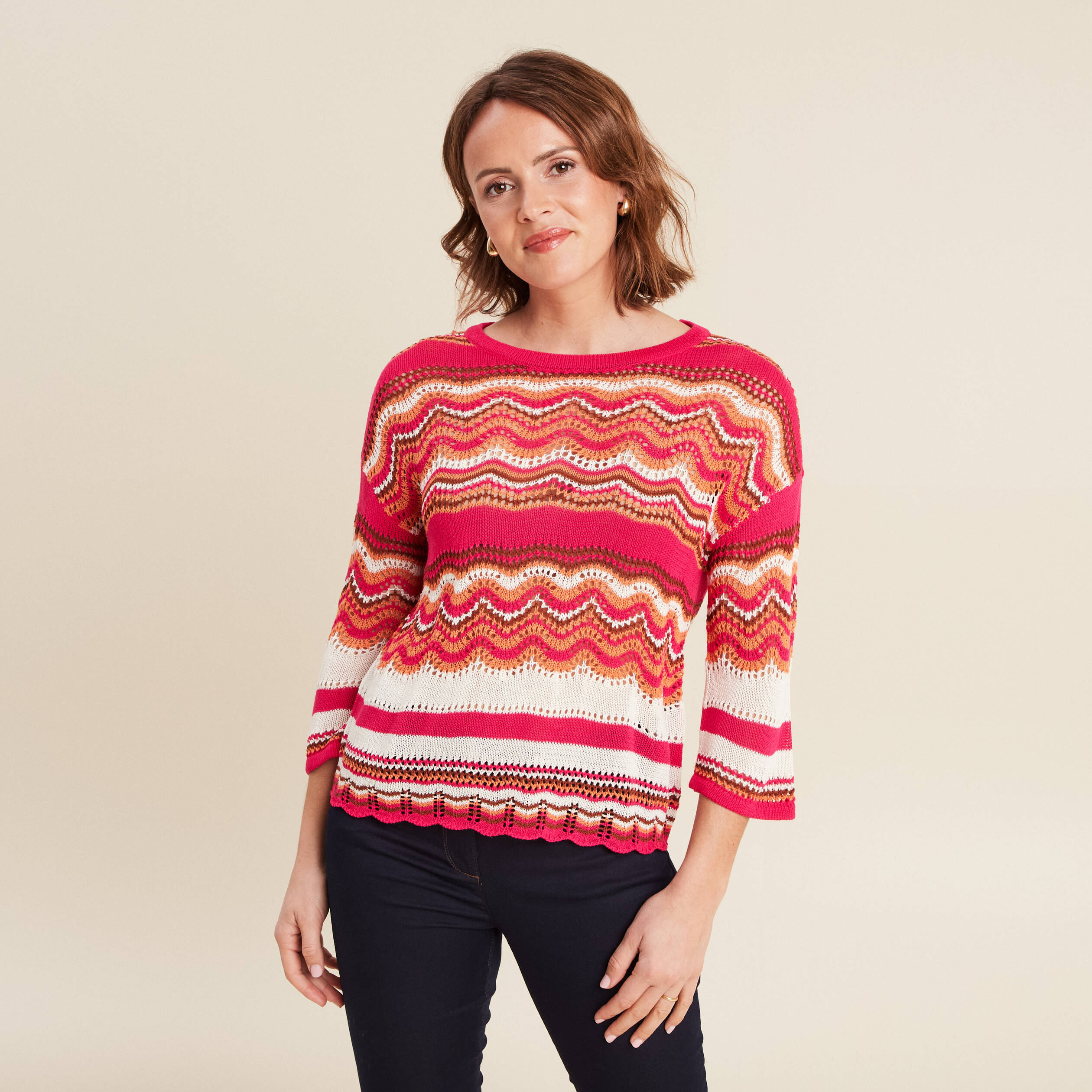 Pull manches 3/4 ajouré rose fushia femme