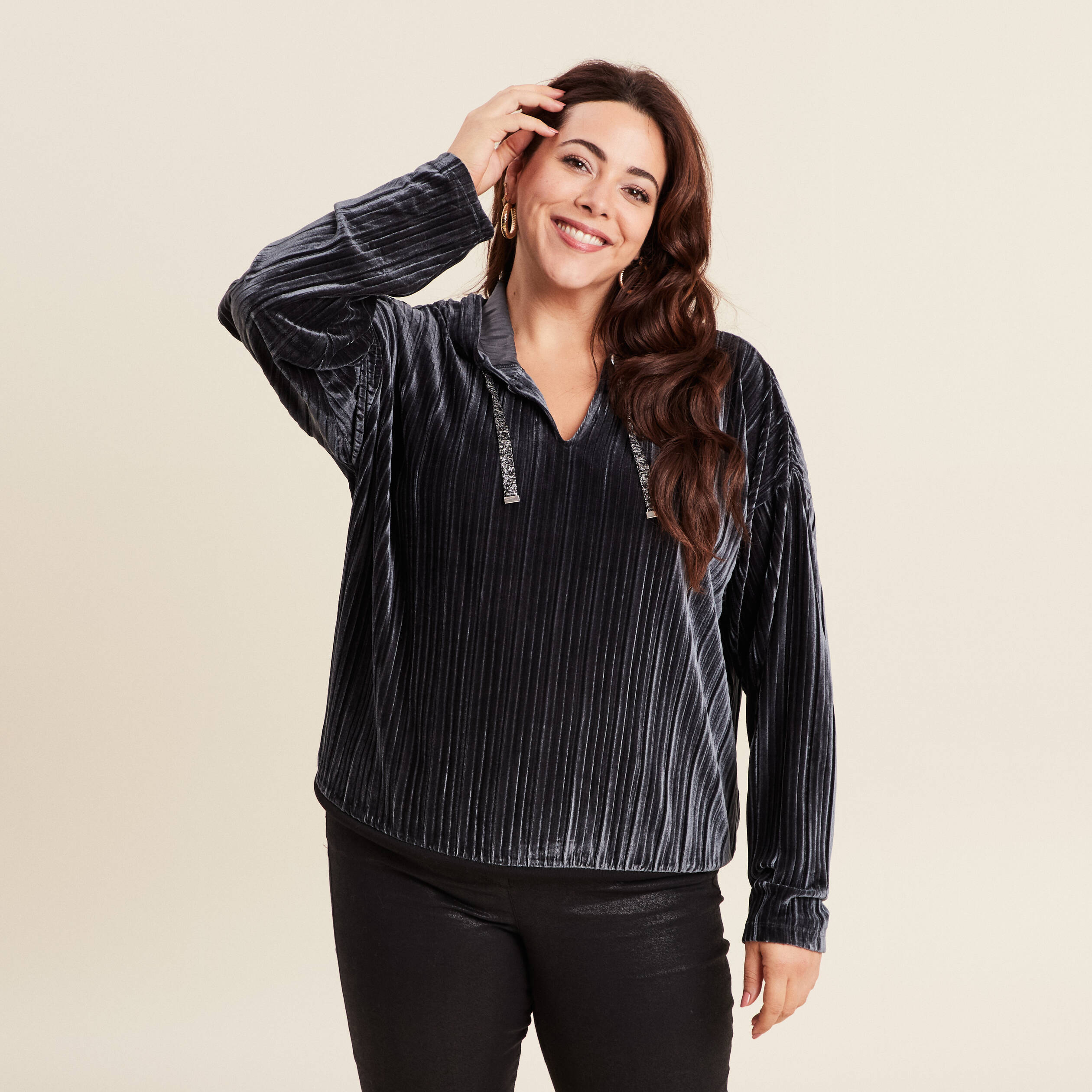 Sweat manches longues pliss&eacute; gris argent femme