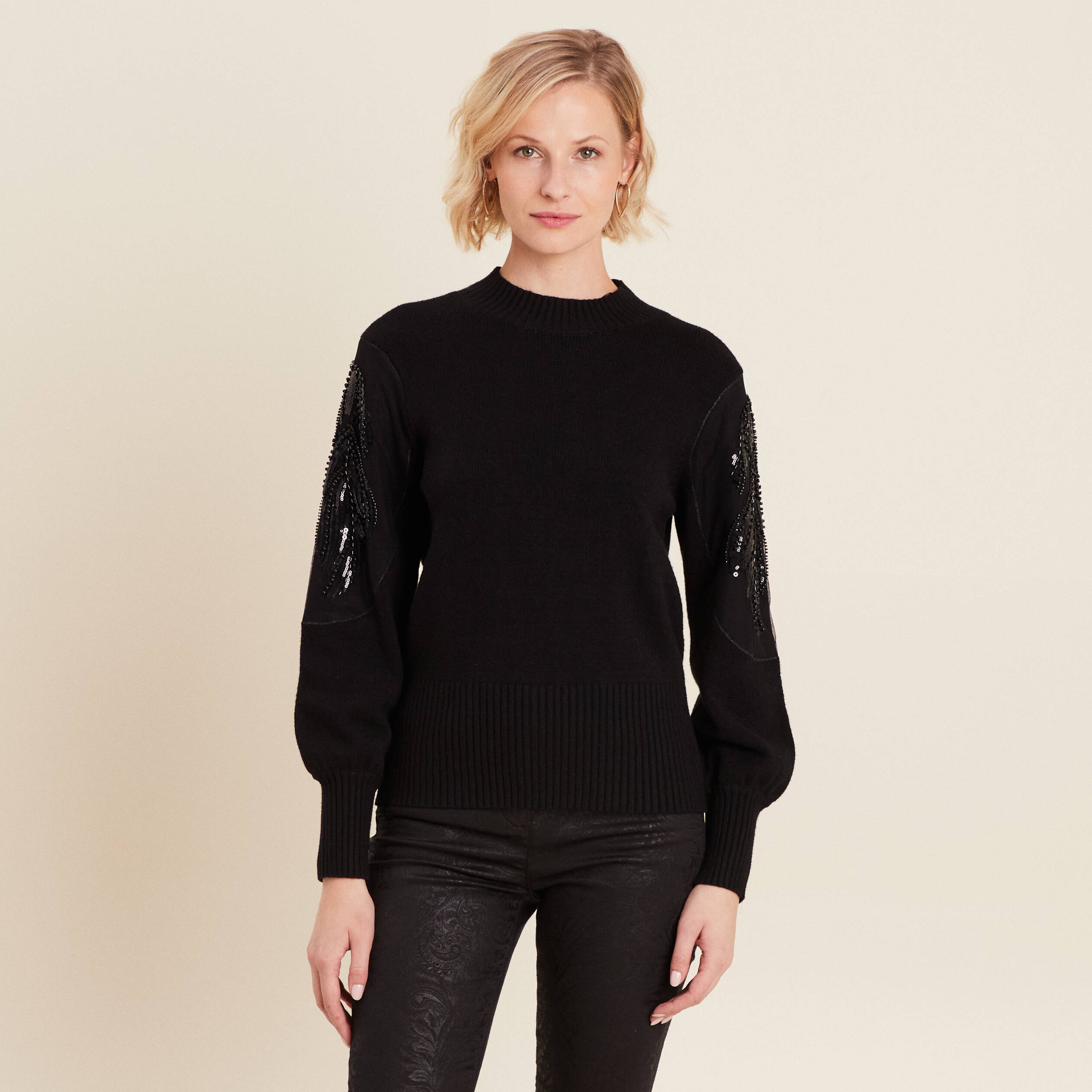 Pull manches longues sequins noir femme