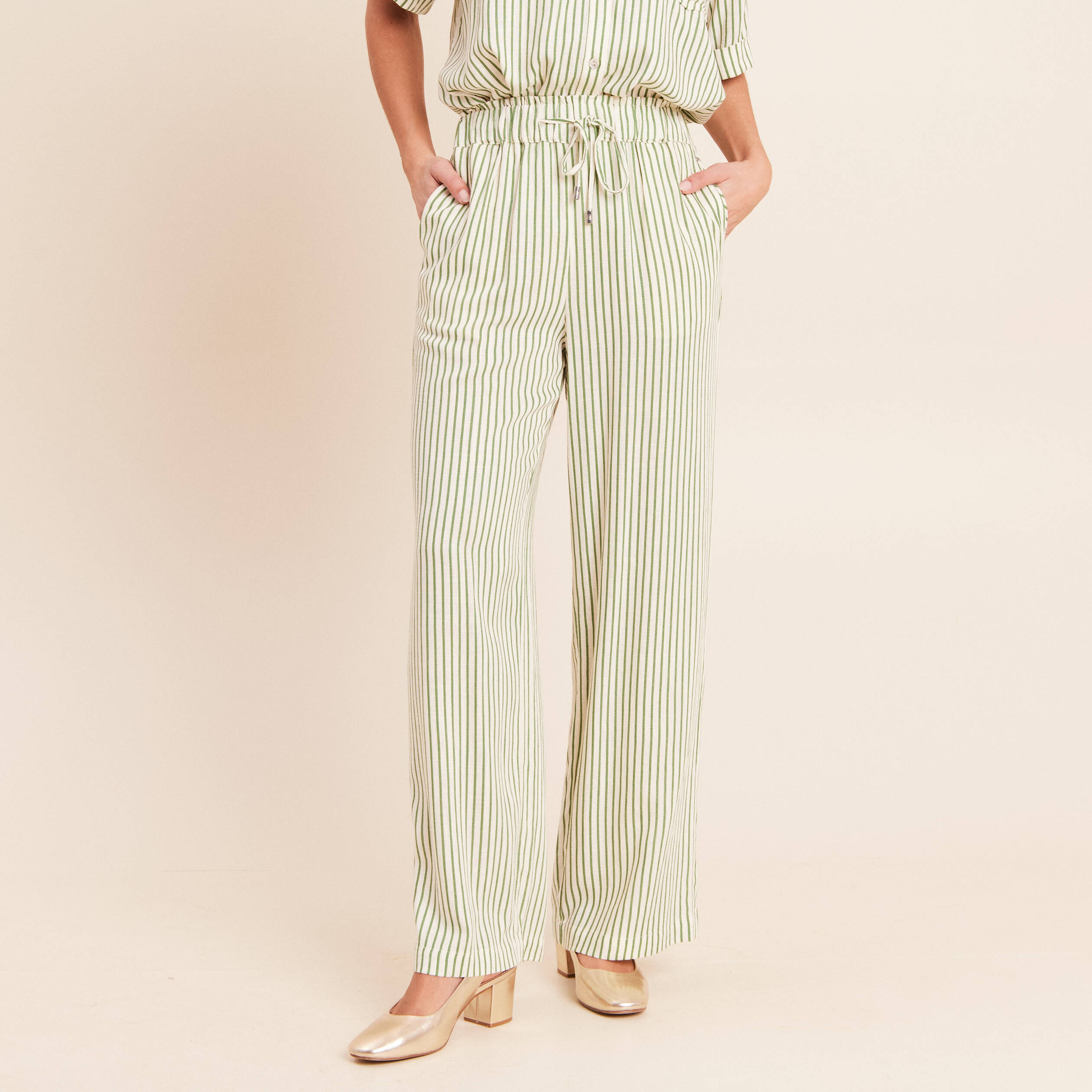 Pantalon large taille haute blanc femme
