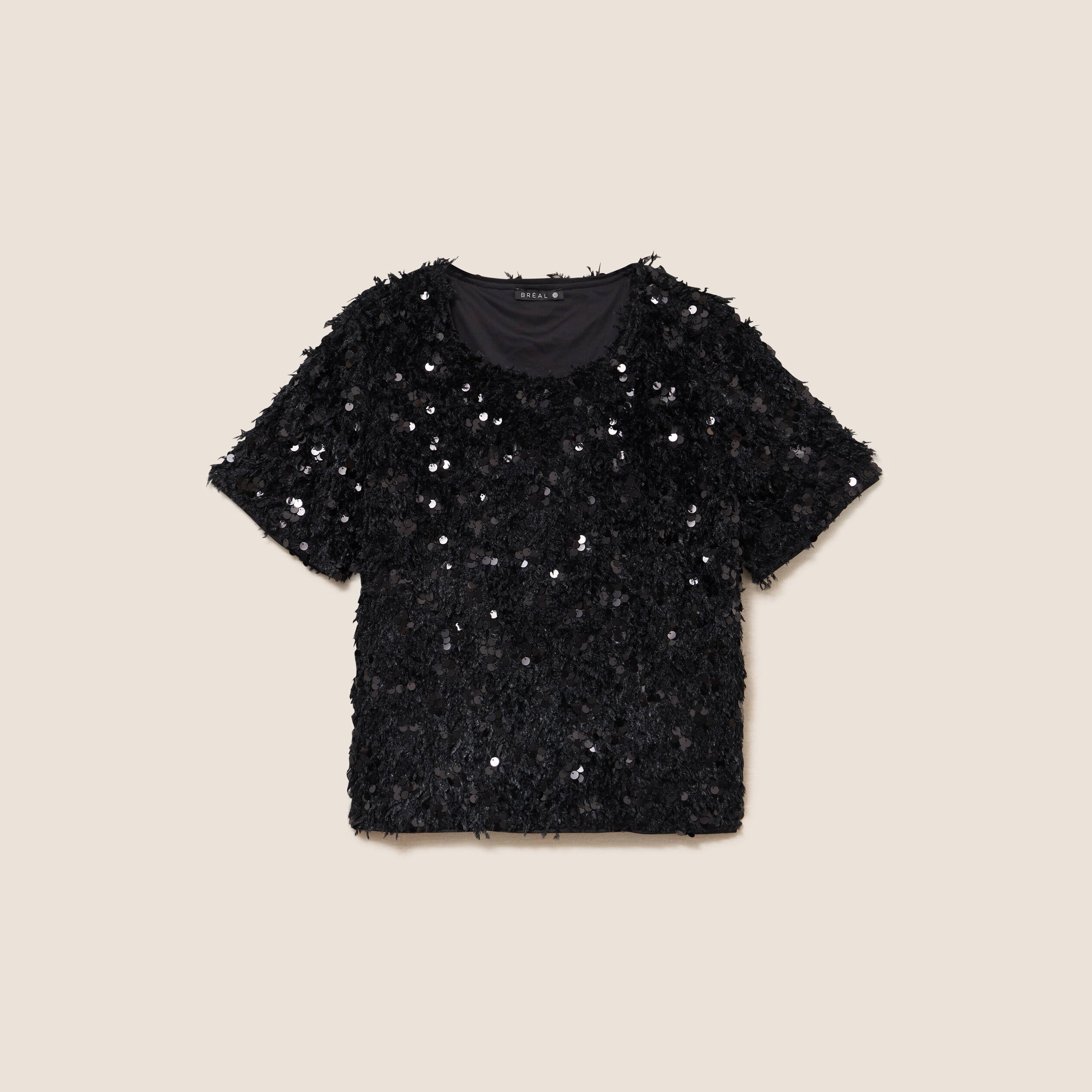 T-shirt &agrave; sequins manches courtes noir femme