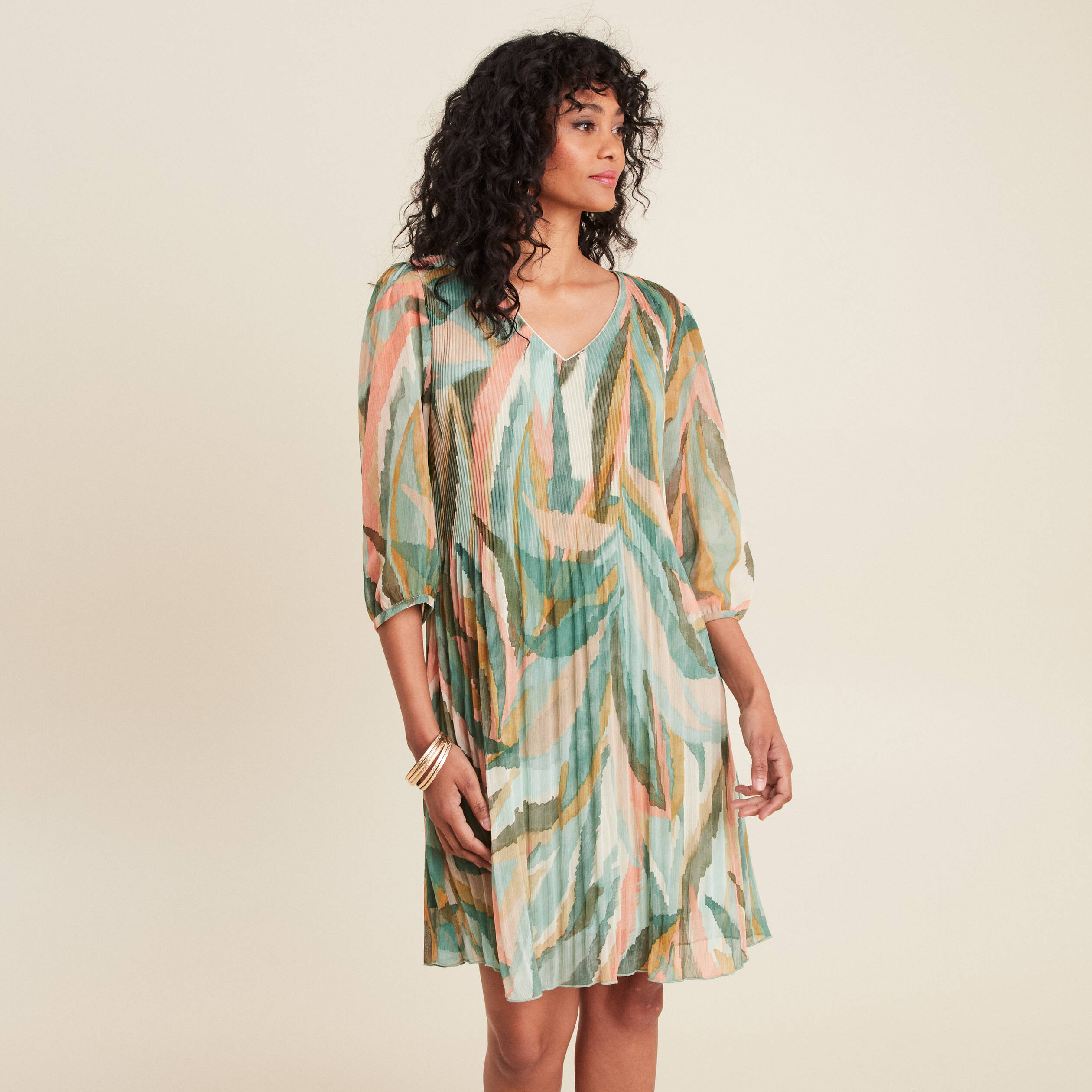 Robe évasée plissée multicolore femme
