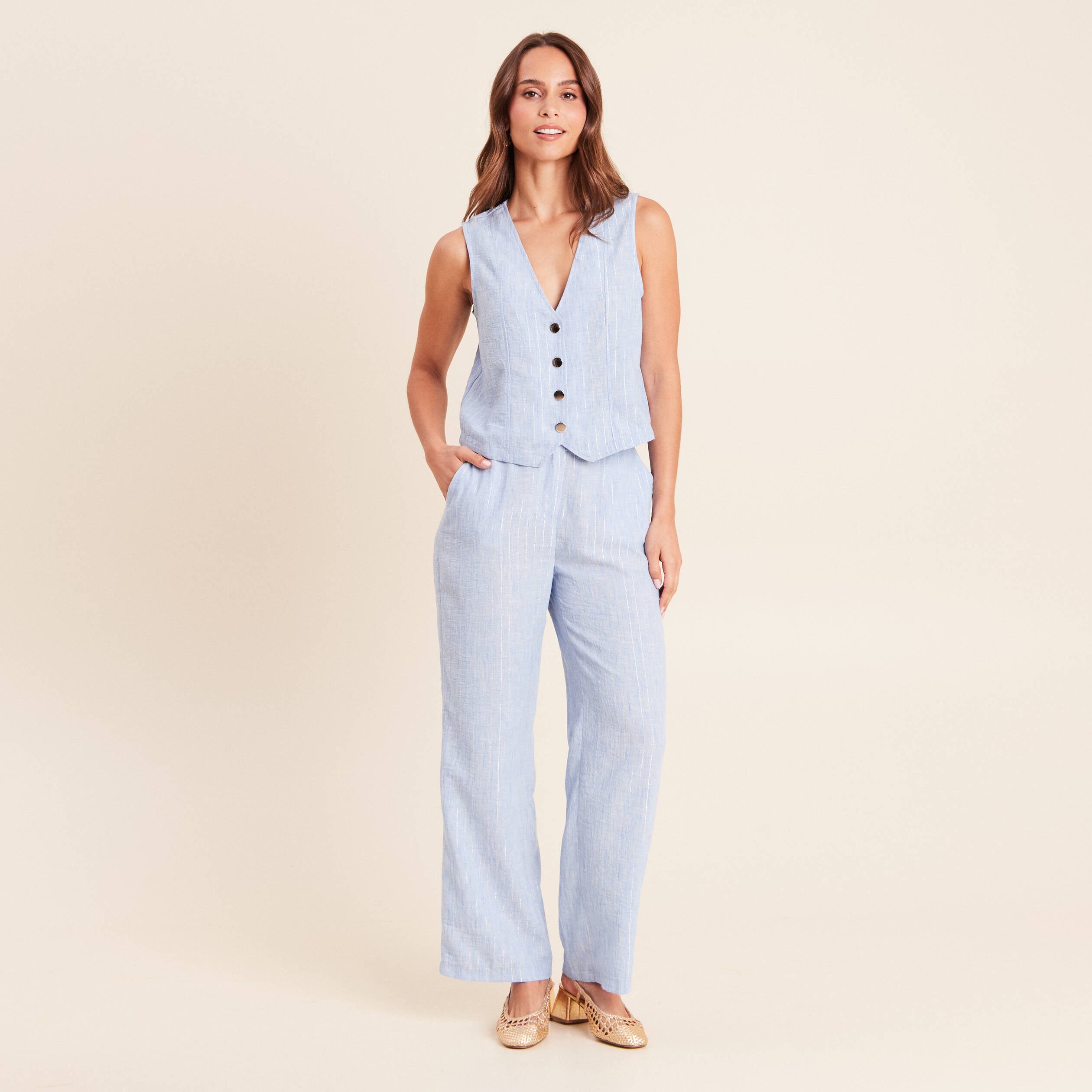 Pantalon large taille haute bleu femme