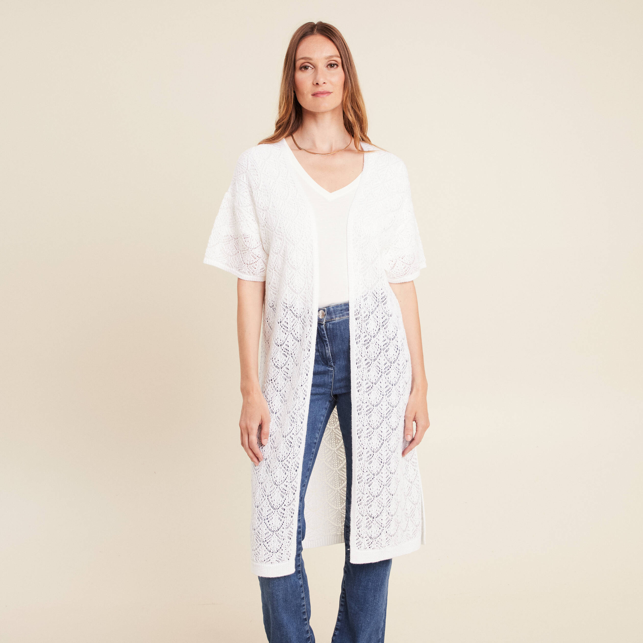 Gilet long manches courtes blanc femme