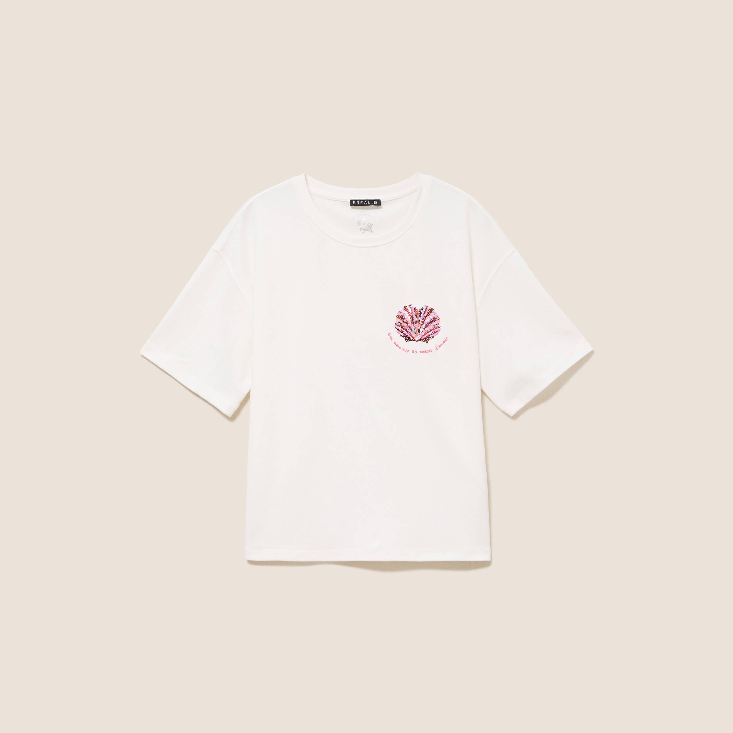 T-shirt col rond manches courtes sequins ecru femme