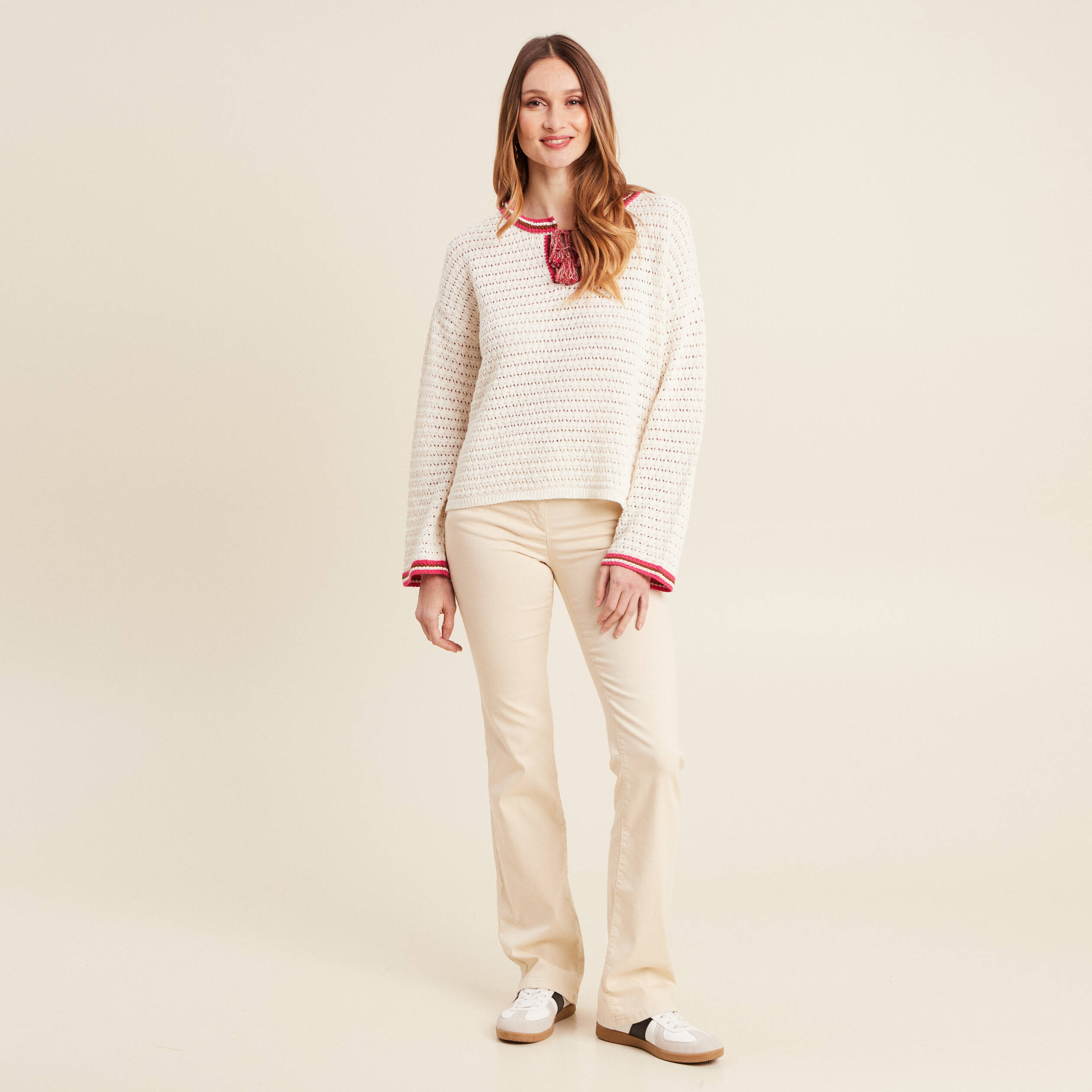 Pull manches longues ajouré ecru femme