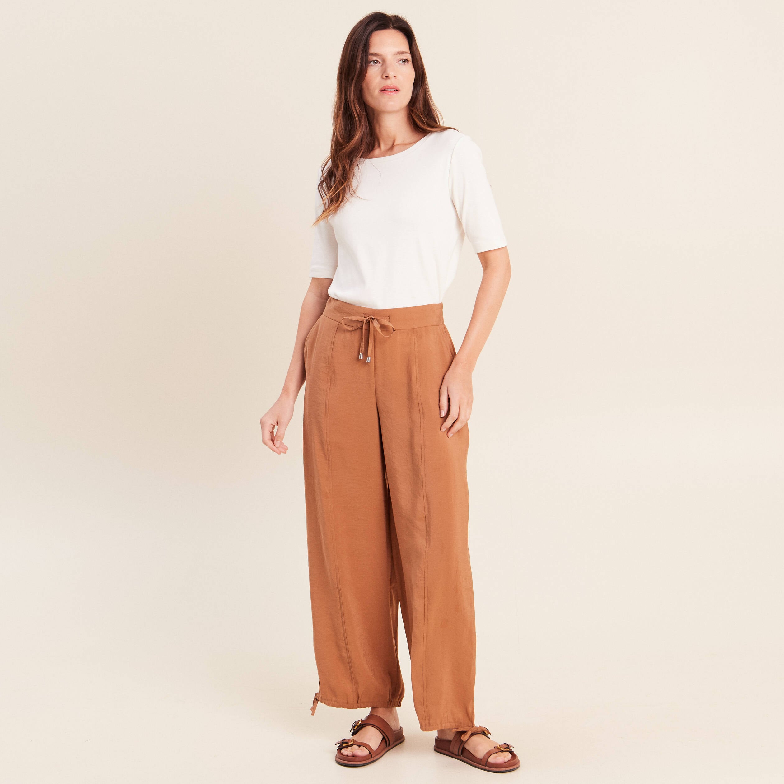 Pantalon taille haute 7/8&egrave;me resserr&eacute; beige femme