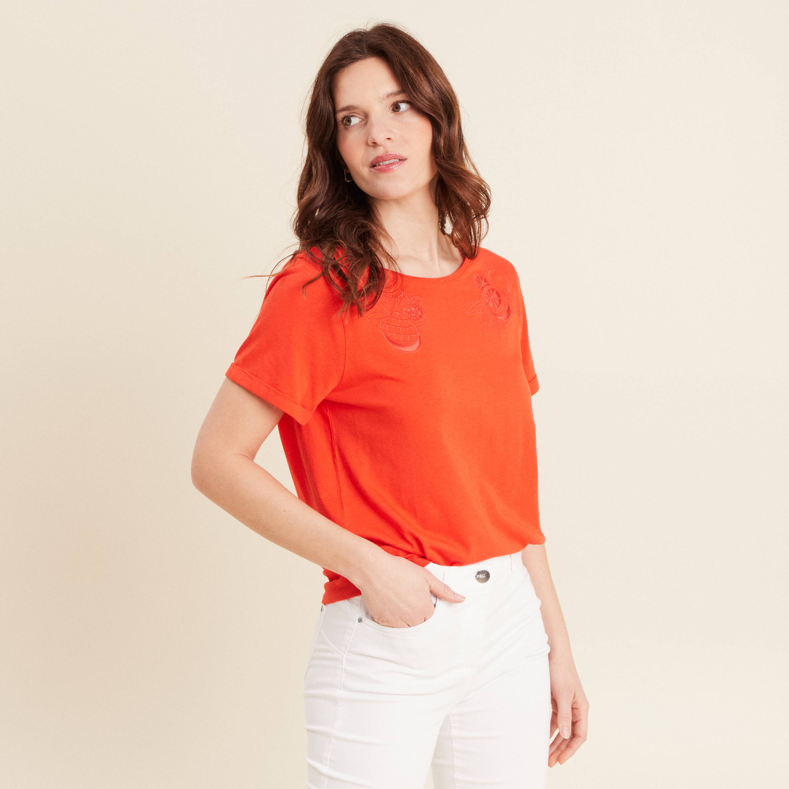 T-shirt manches courtes brodé orange foncé femme