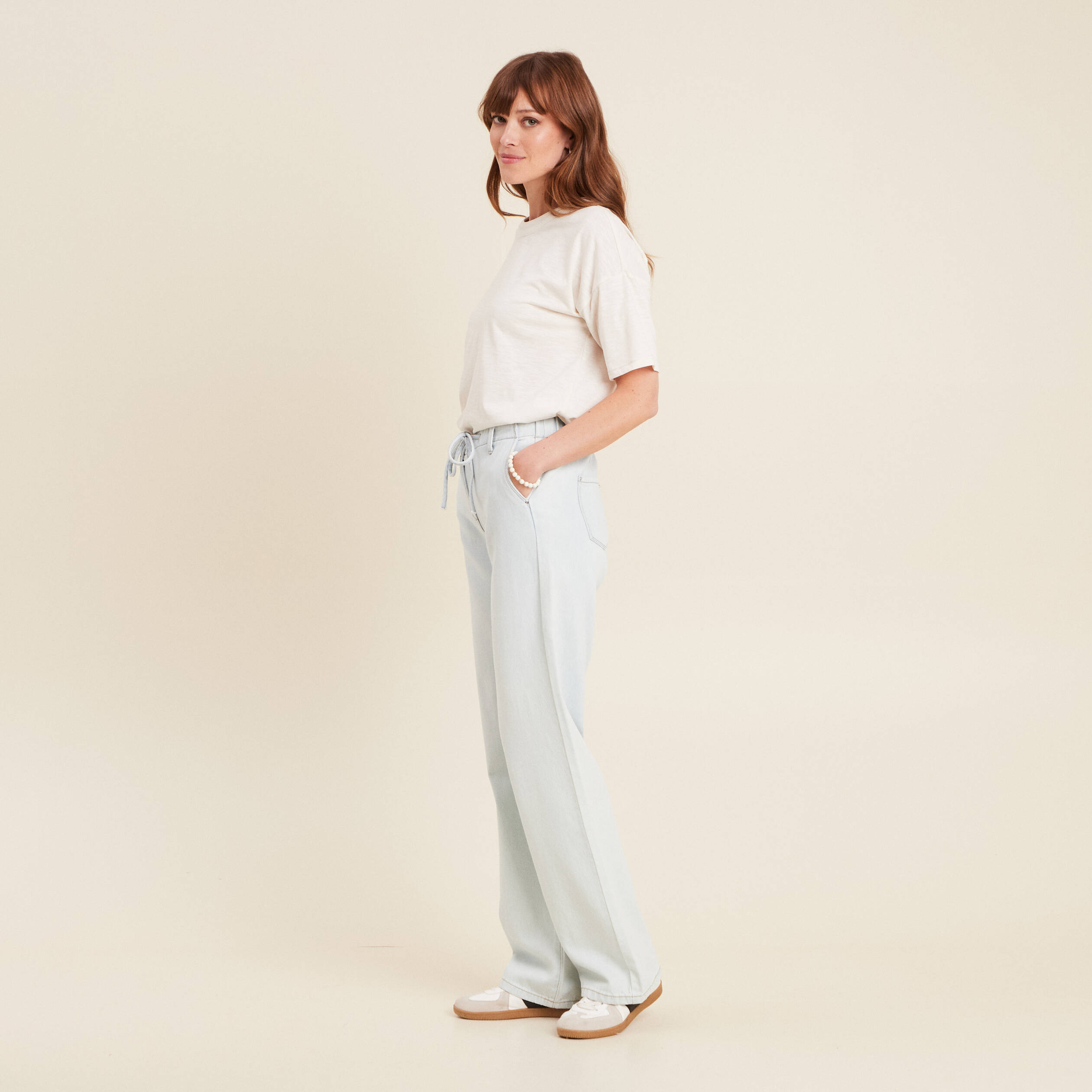 jean large taille haute denim bleach femme Jean large taille haute denim bleach femme