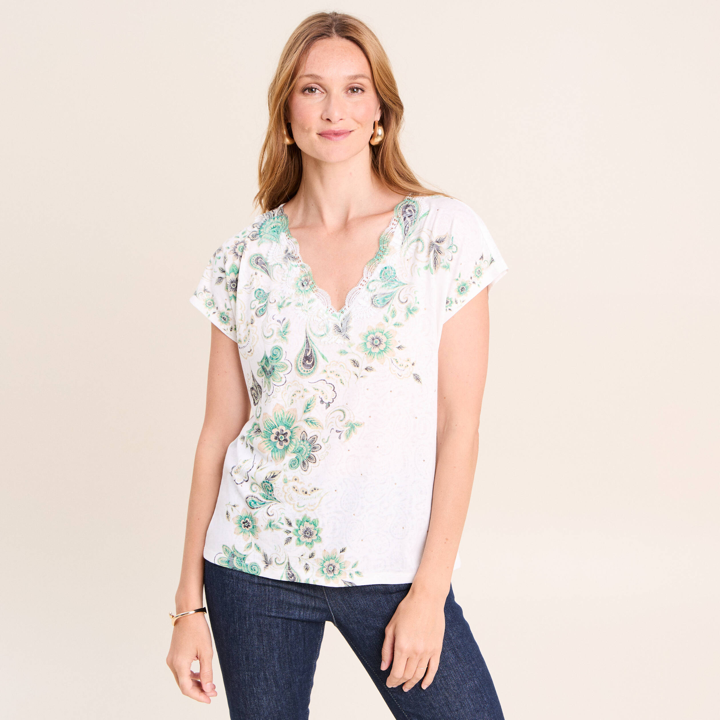 T-shirt col V ecru femme
