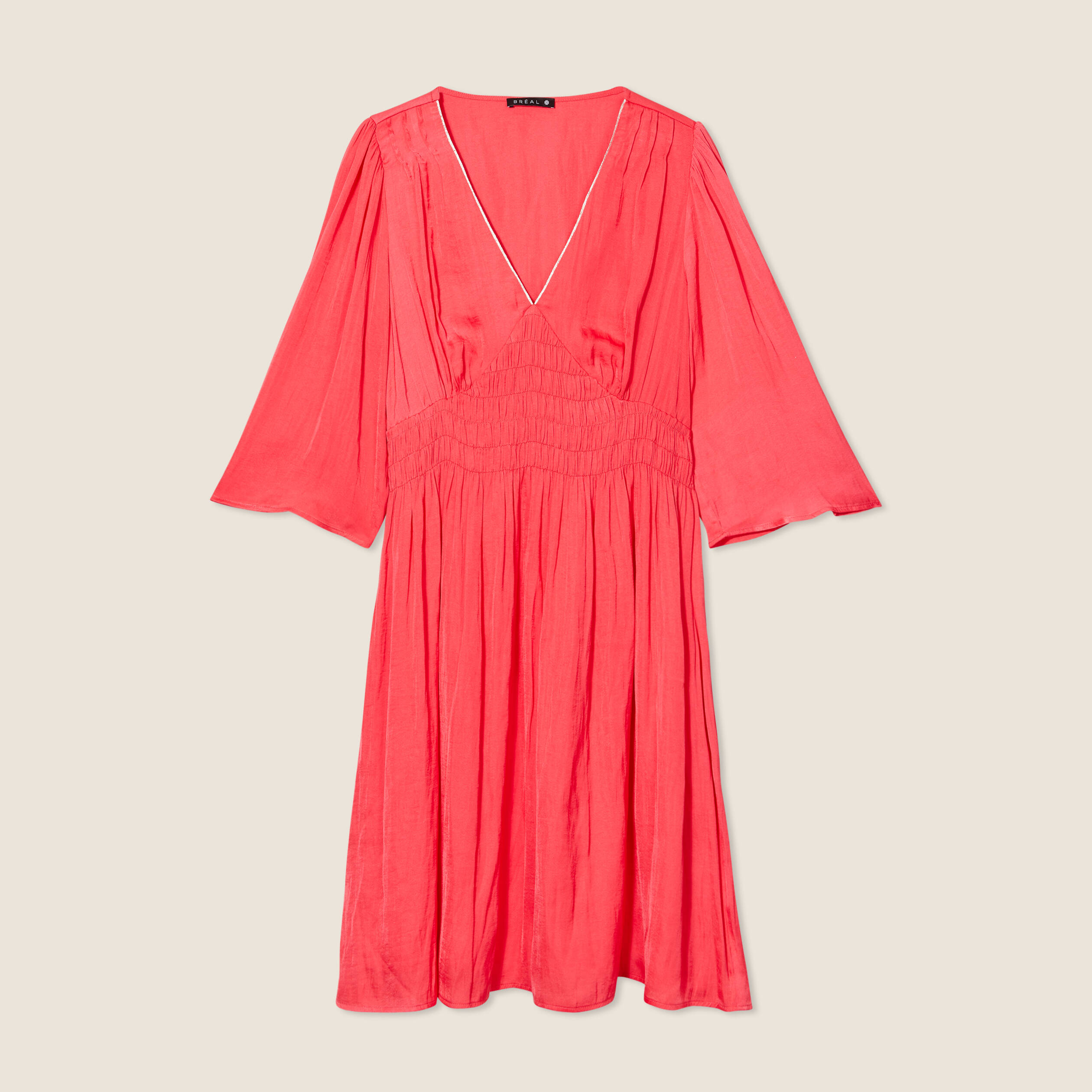 Robe empire smock&eacute;e satin rose cerise femme