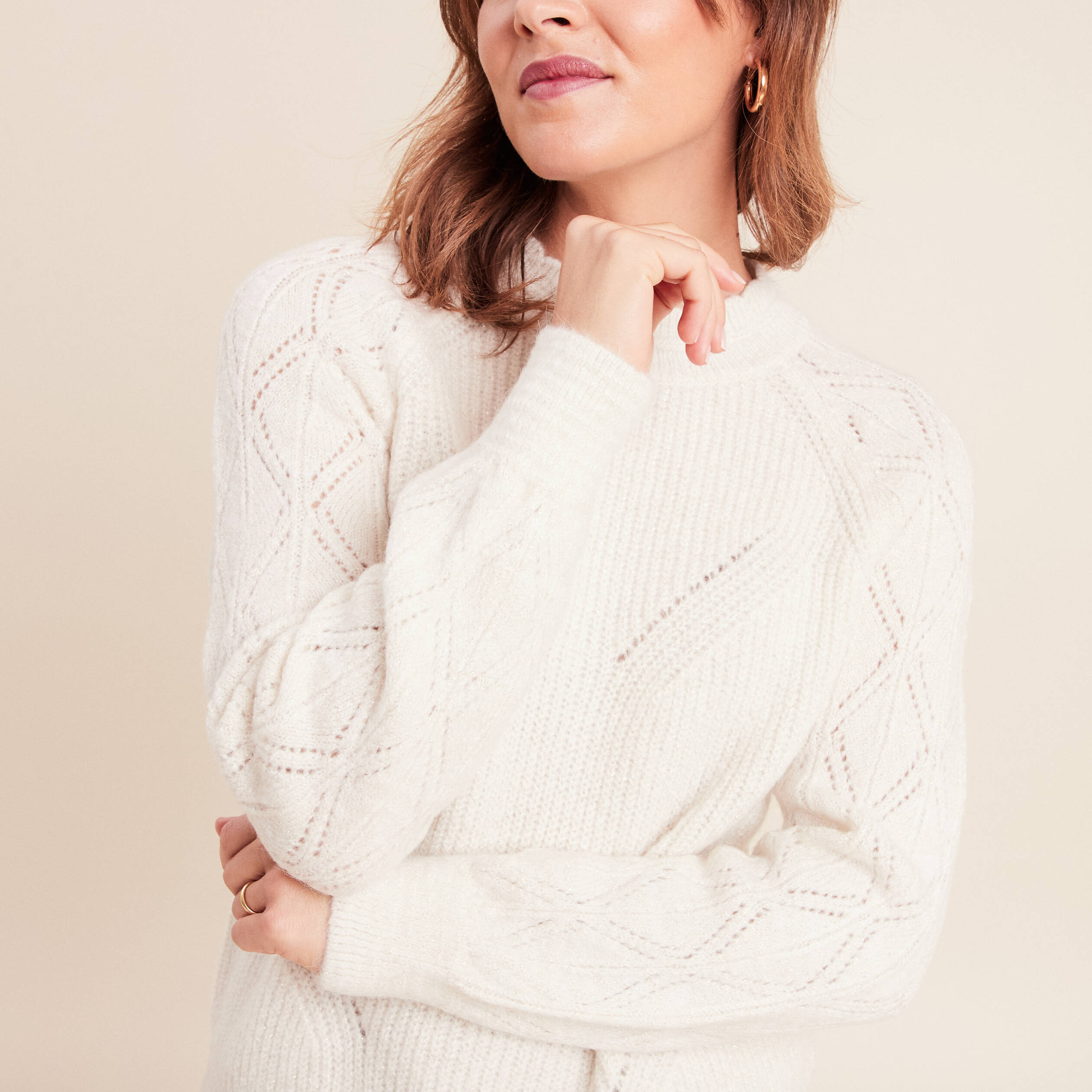 Pull col montant manches longues ecru femme