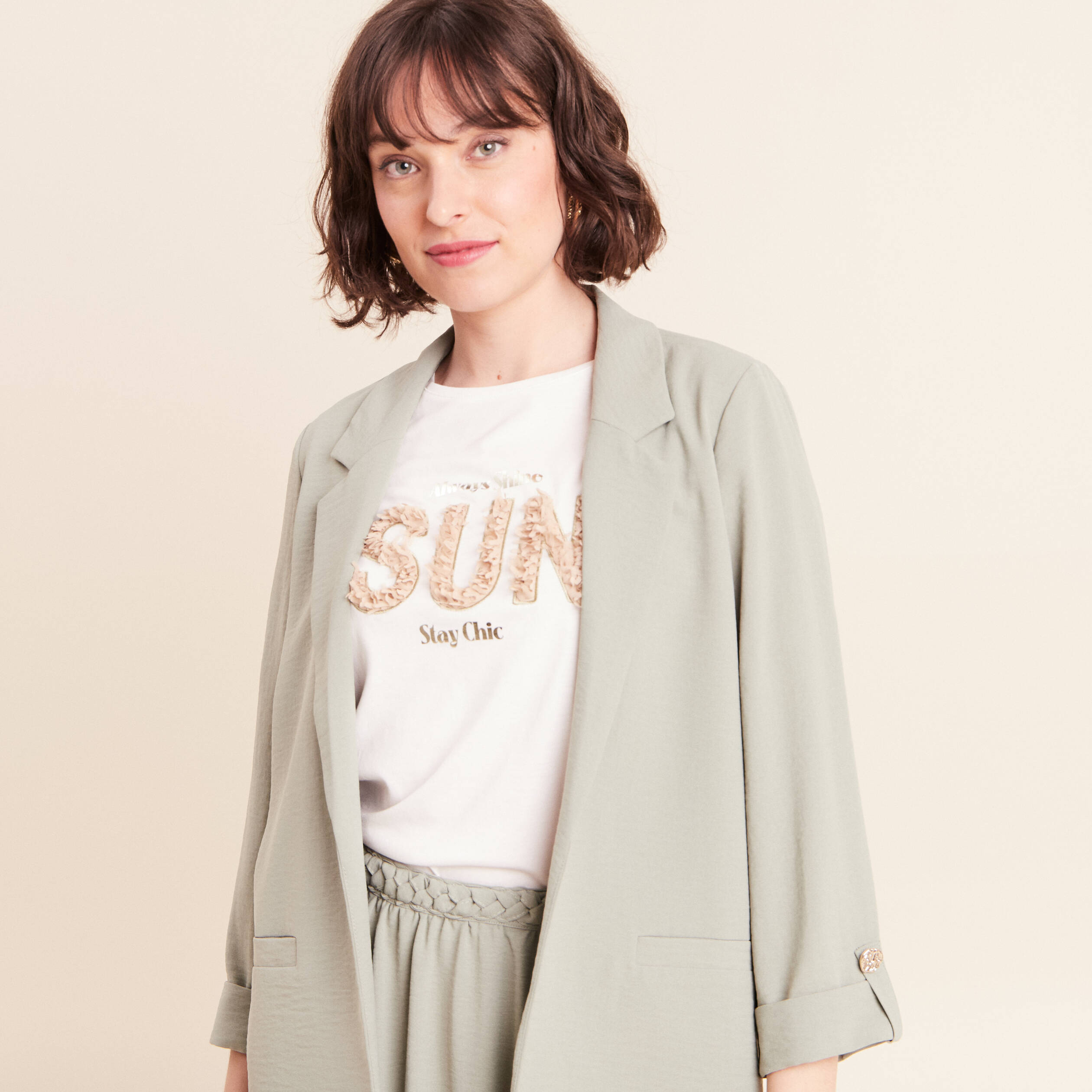 Veste longue droite col tailleur vert clair femme