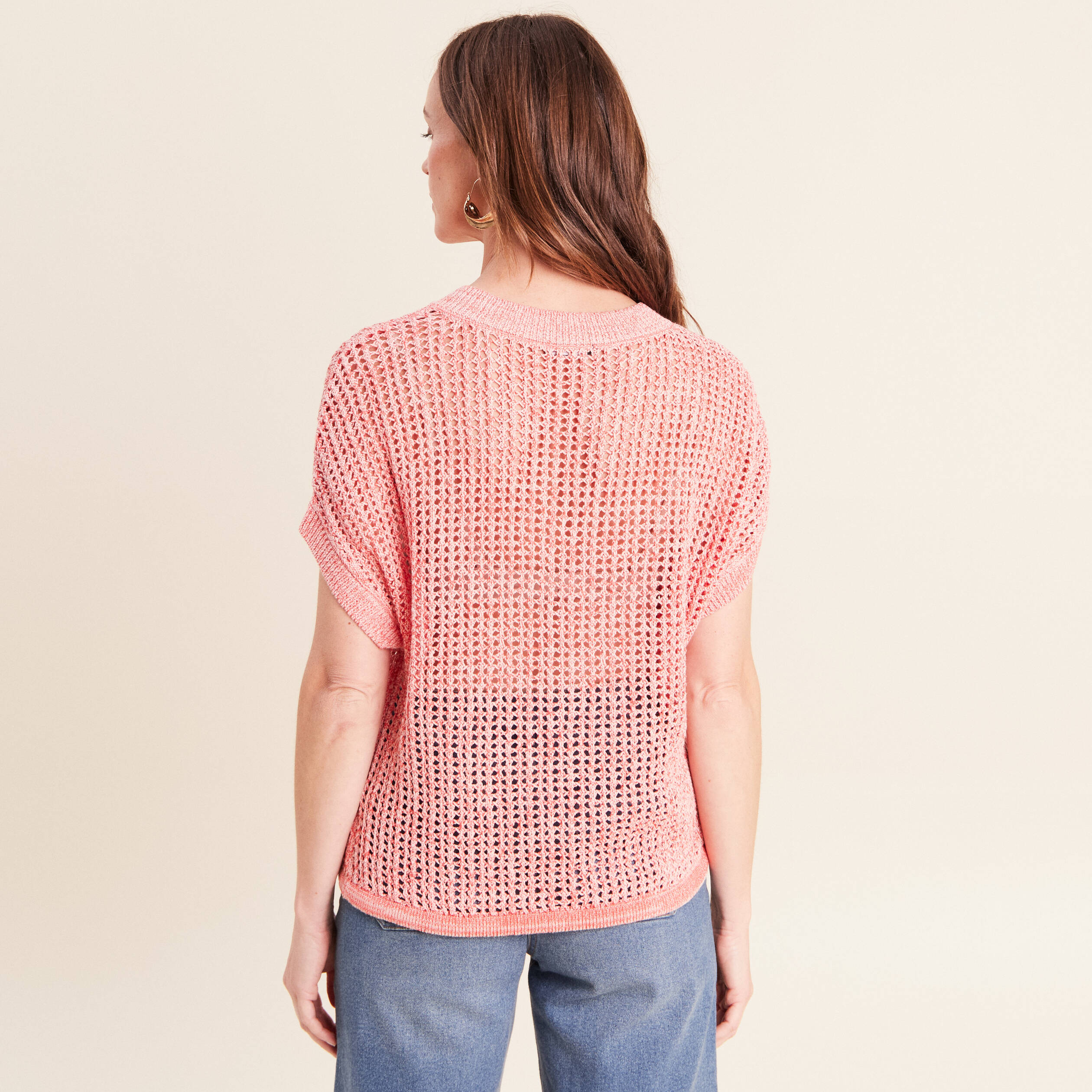 Pull col v manches courtes rouge femme