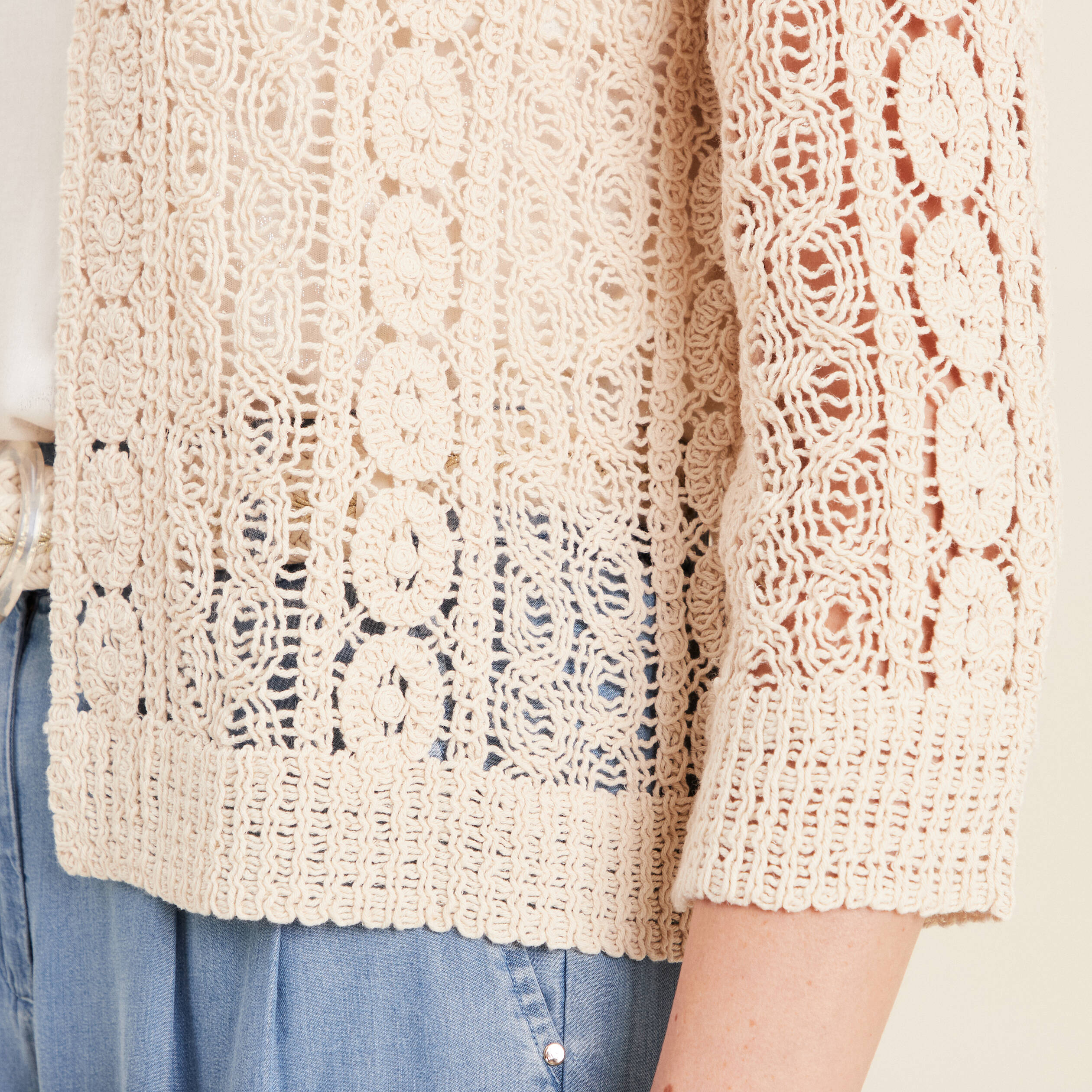 Gilet manches 3/4 ajouré ecru femme