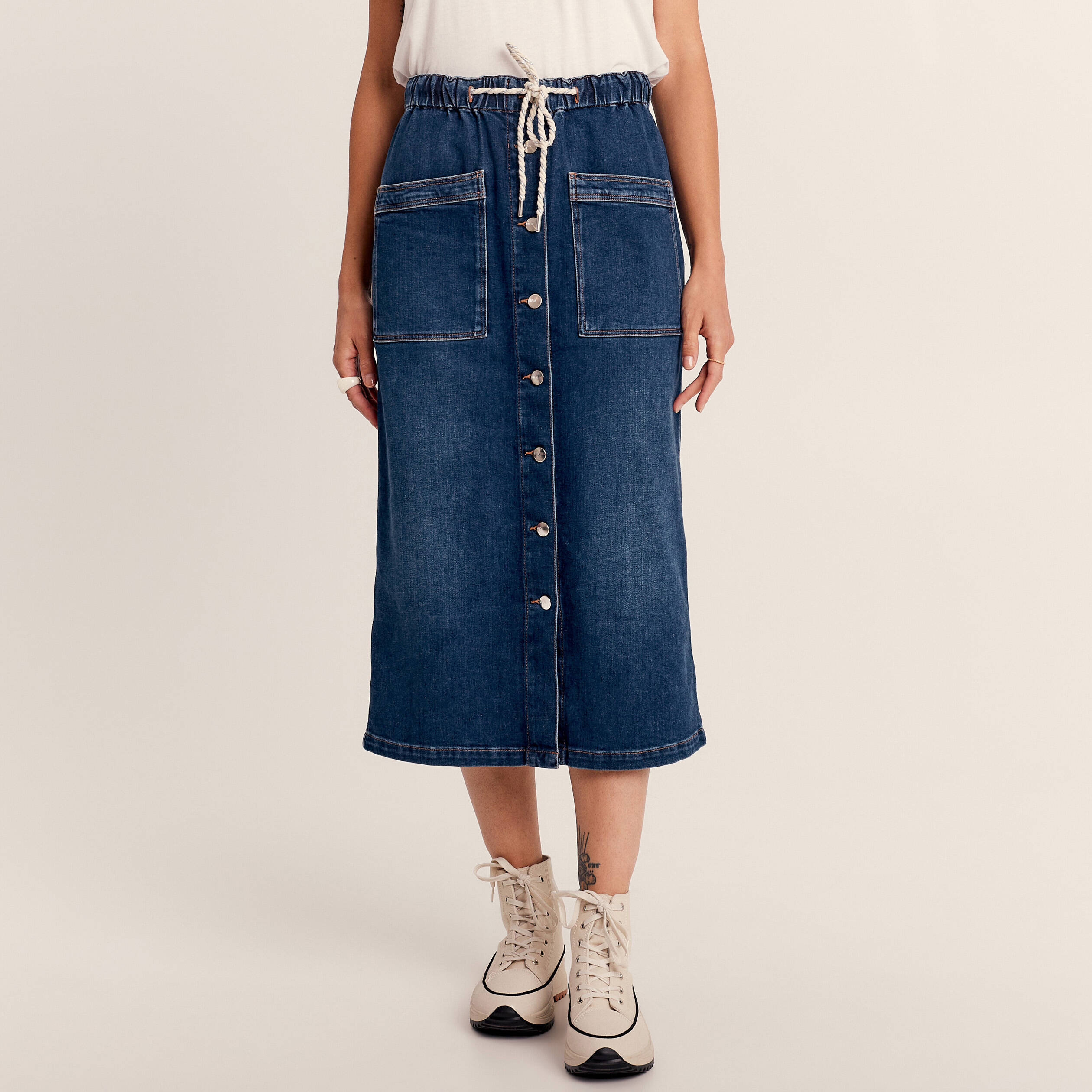 Jupe longue droite en jean denim stone femme
