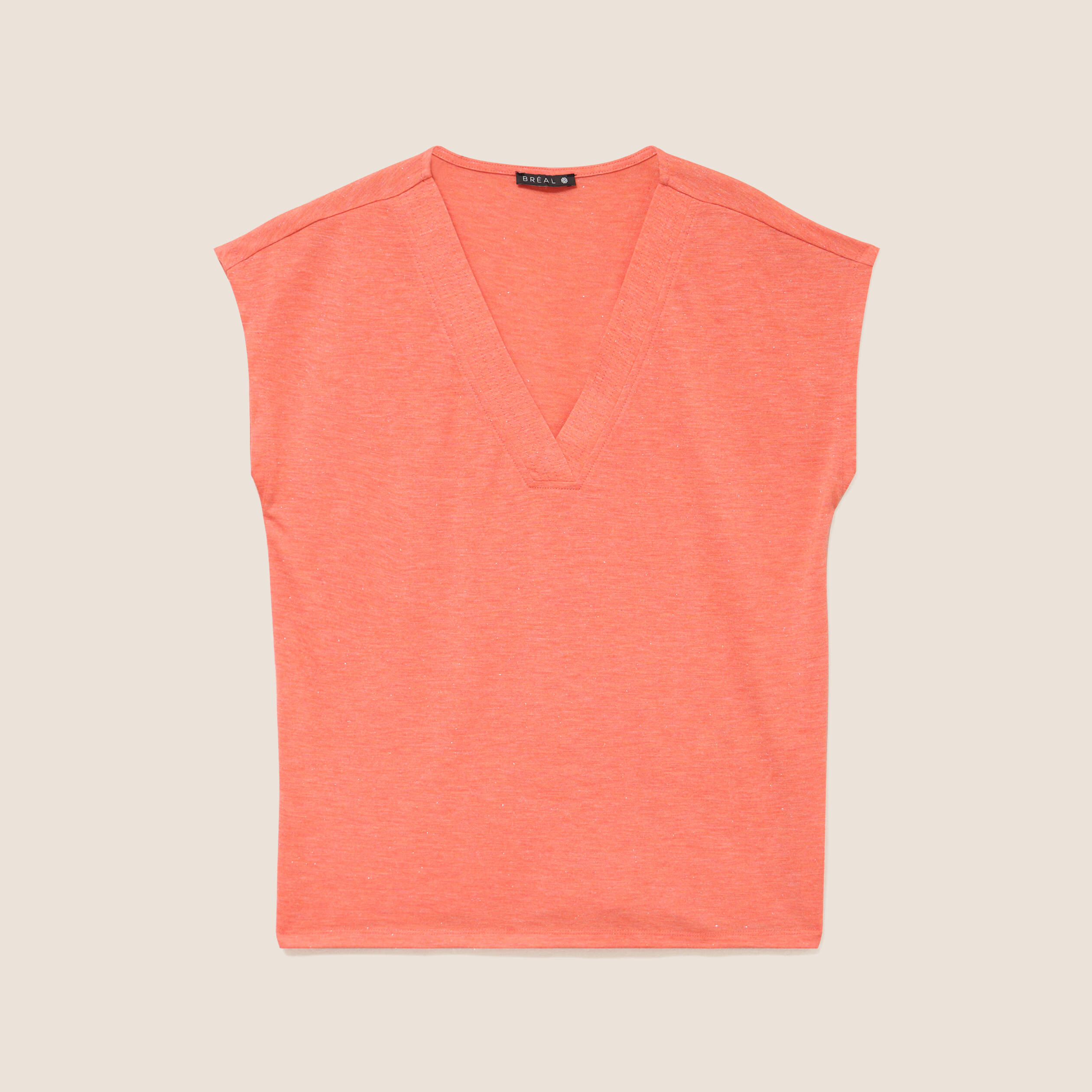 T-shirt col v manches courtes orange fluo femme