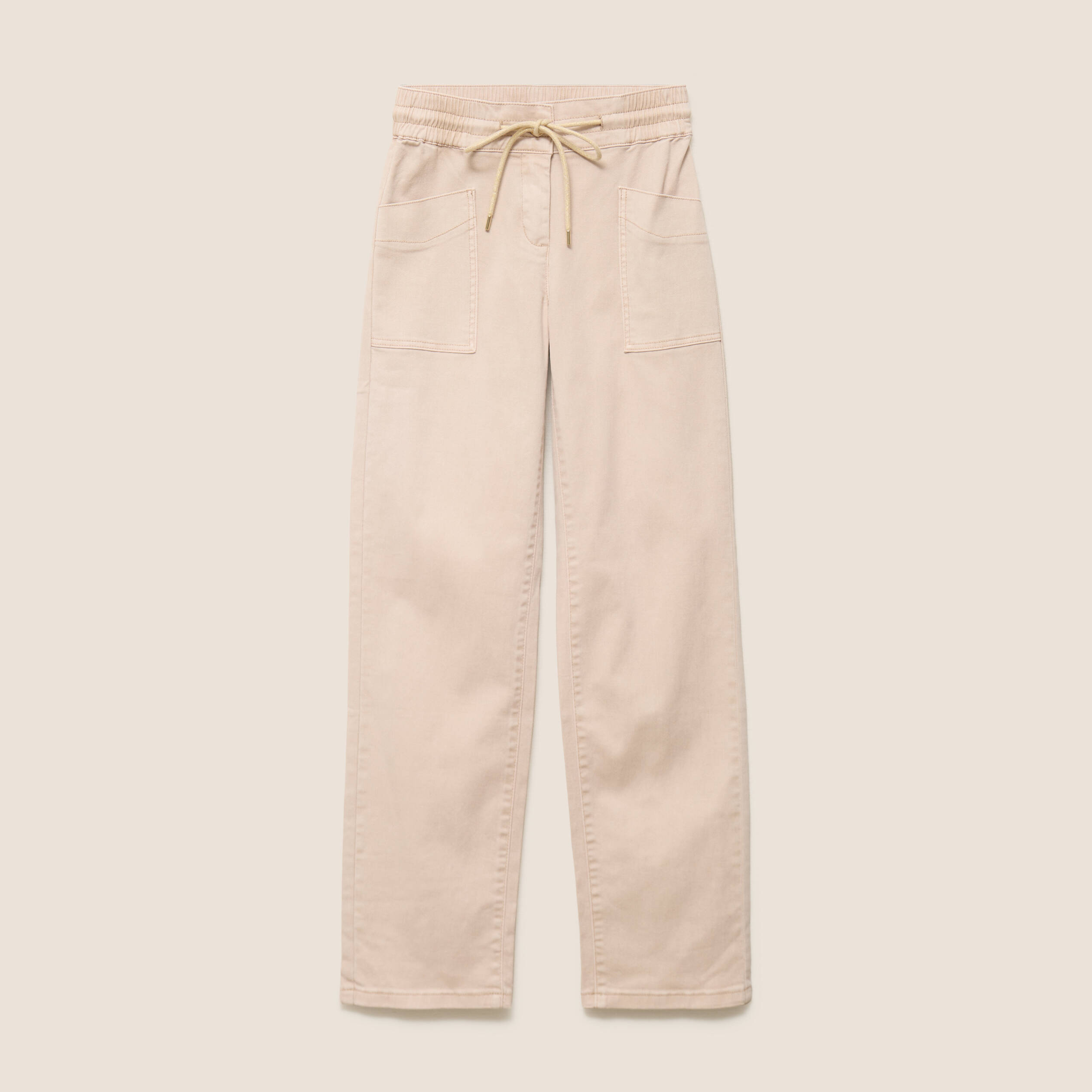 Pantalon taille haute coupe droite denim beige femme