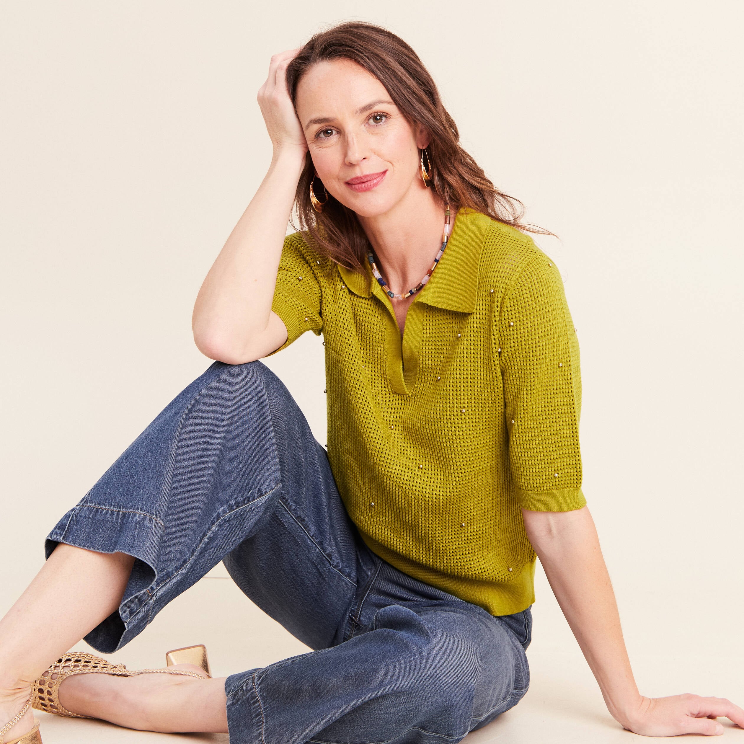 Polo ajour&eacute; col chemise manches courtes vert olive femme