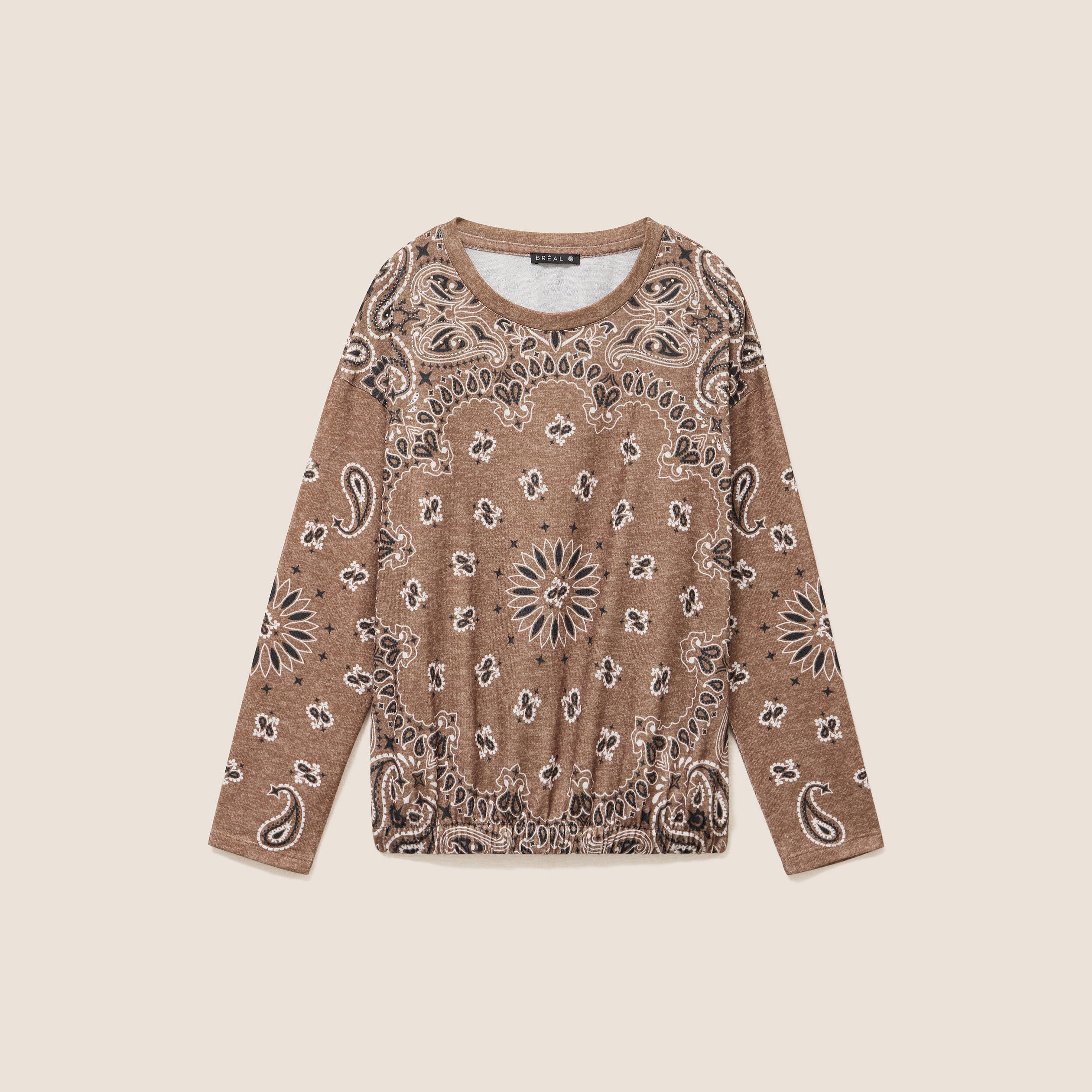 Pull col rond manches longues strass marron femme