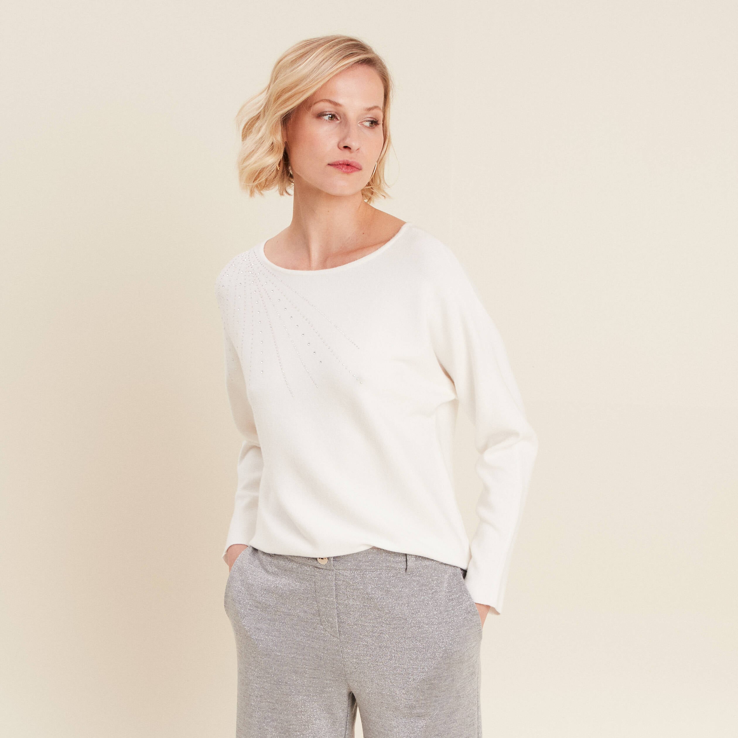 Pull manches longues strass ecru femme