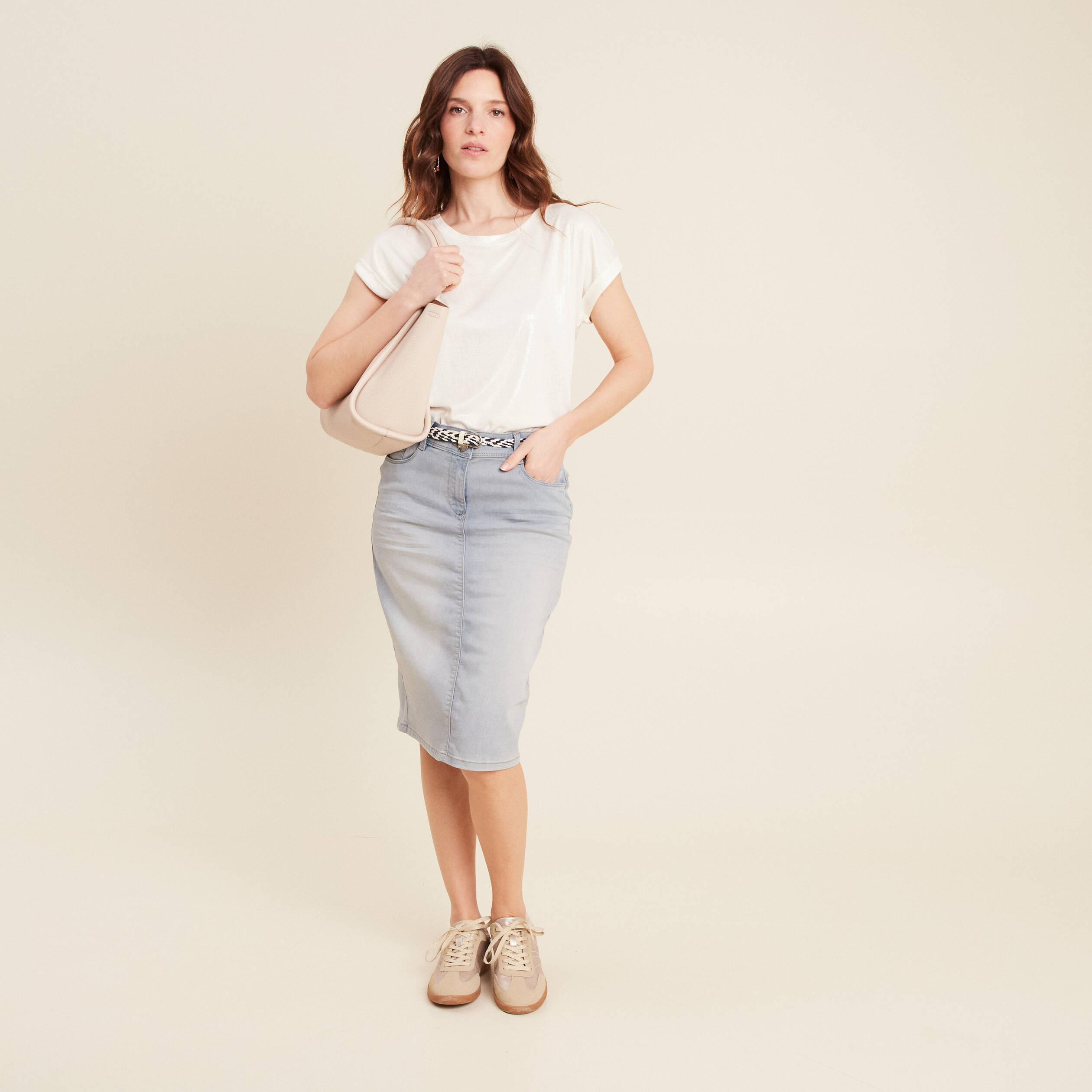 Jupe ajustée en jean denim double stone femme