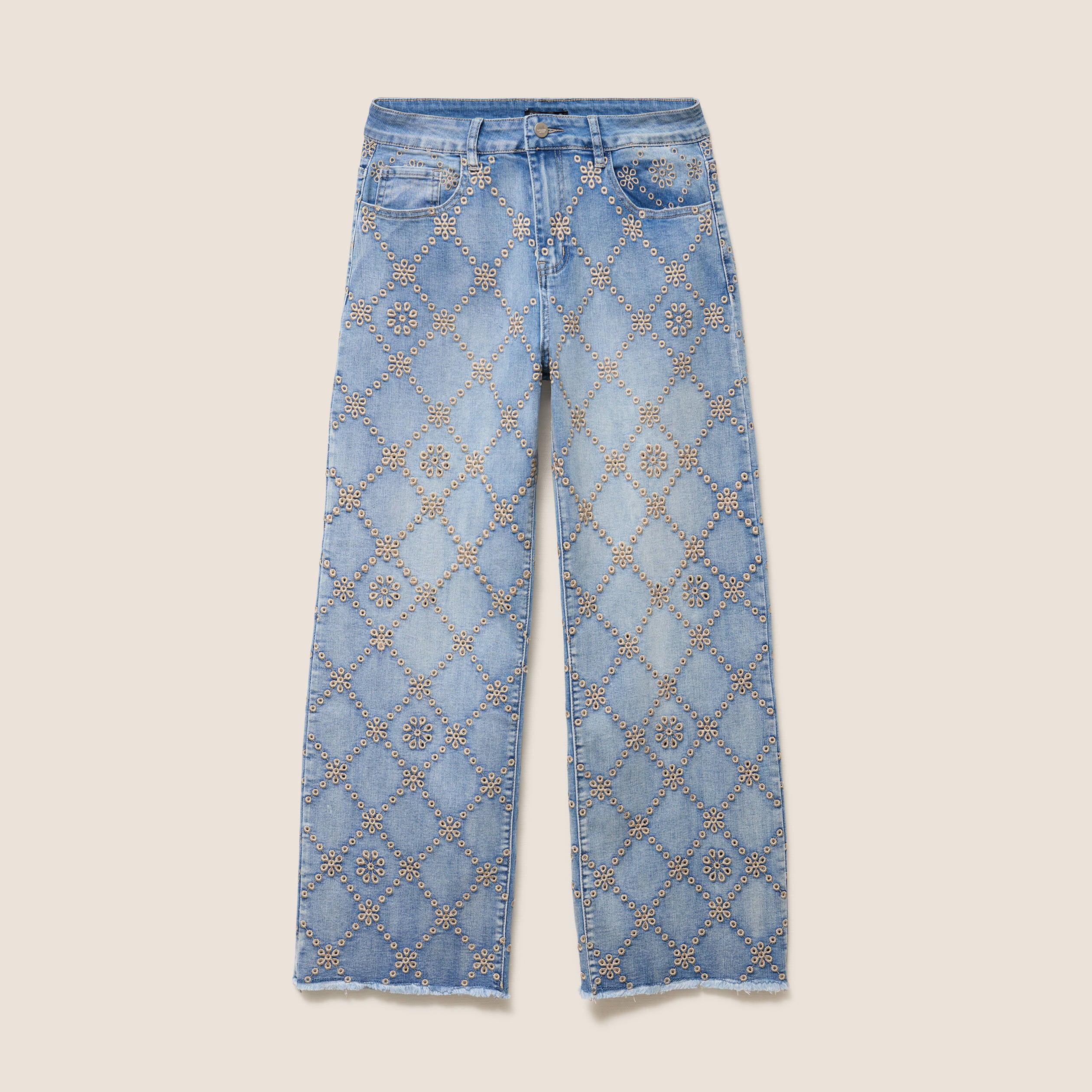 Jean taille haute avec broderie blanc femme