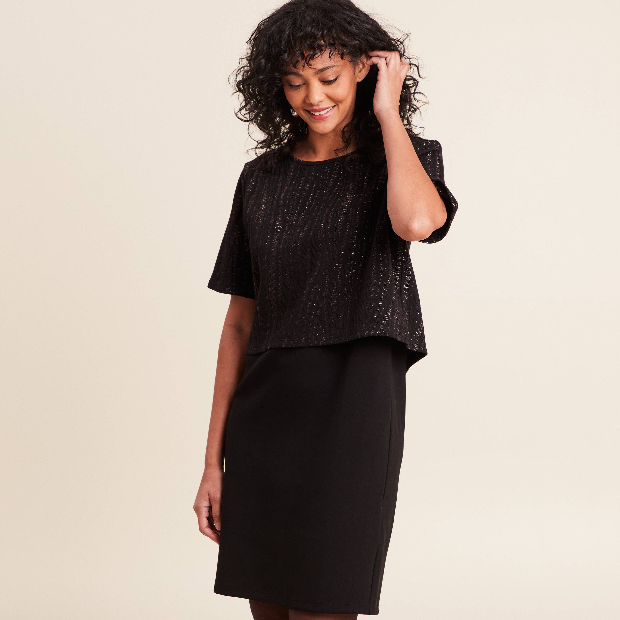 Robe bi-matière évasée manches longues noir femme | Cache Cache