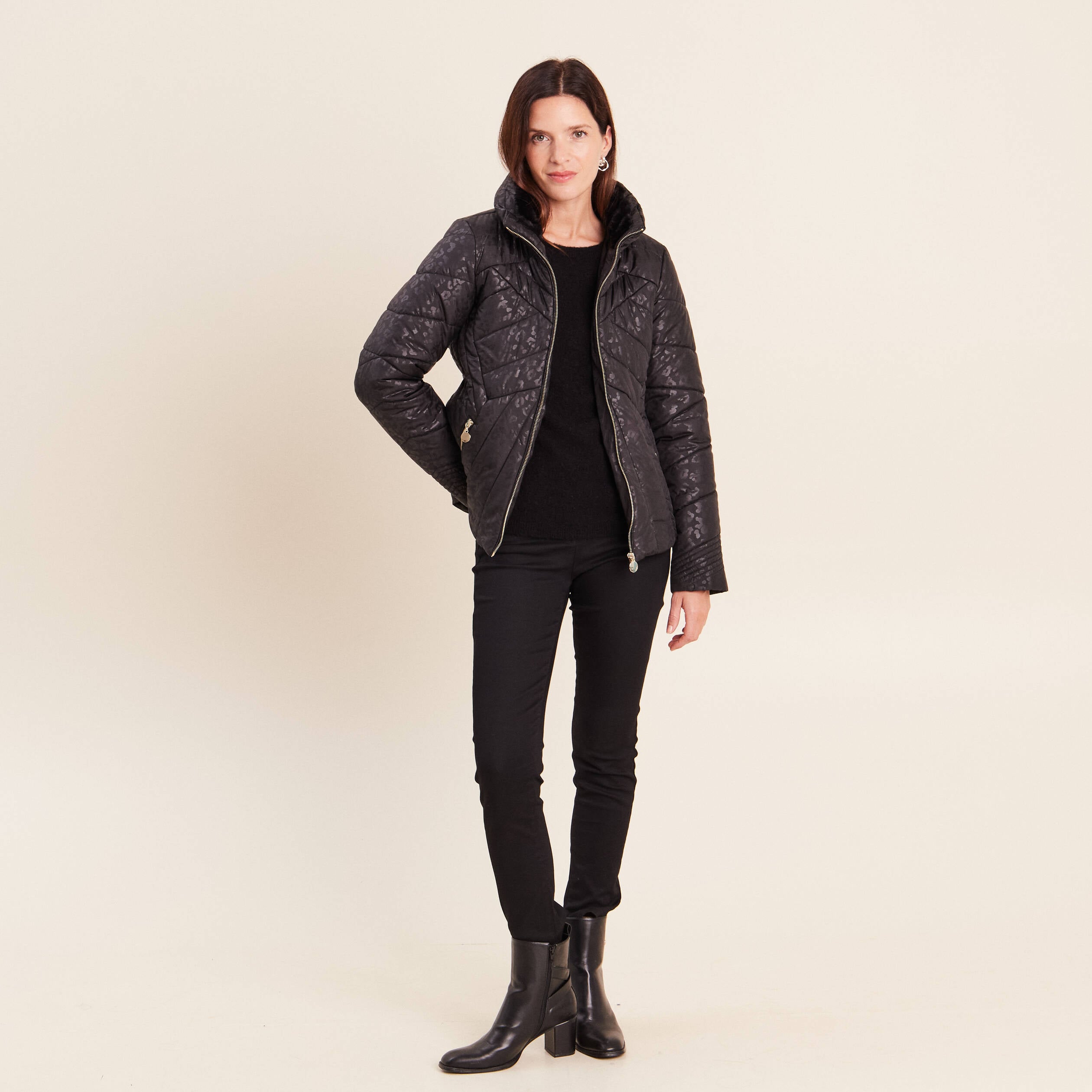 Doudoune d&eacute;perlante droite zipp&eacute;e noir femme