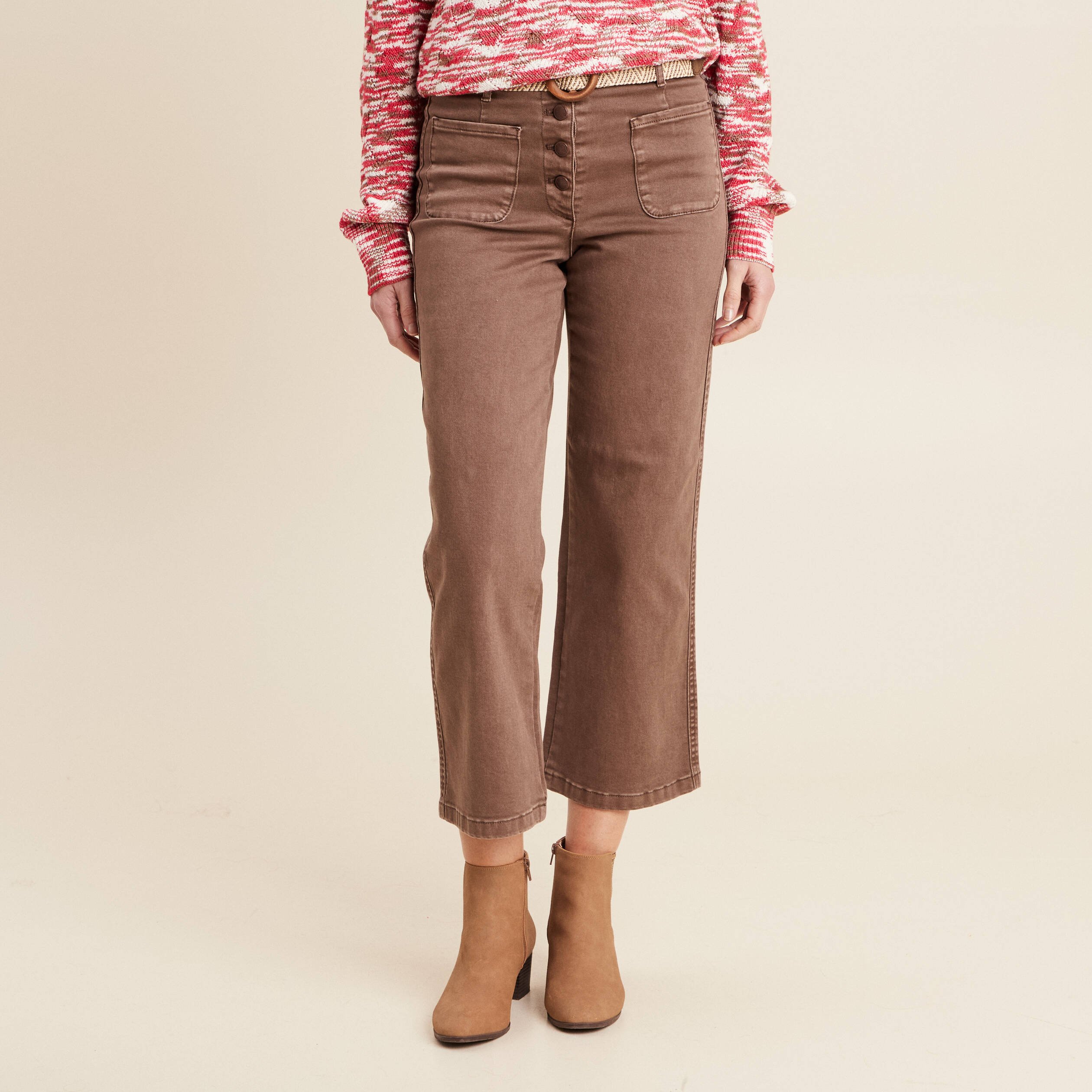 Pantalon large ceinturé 7/8ème bordeaux femme