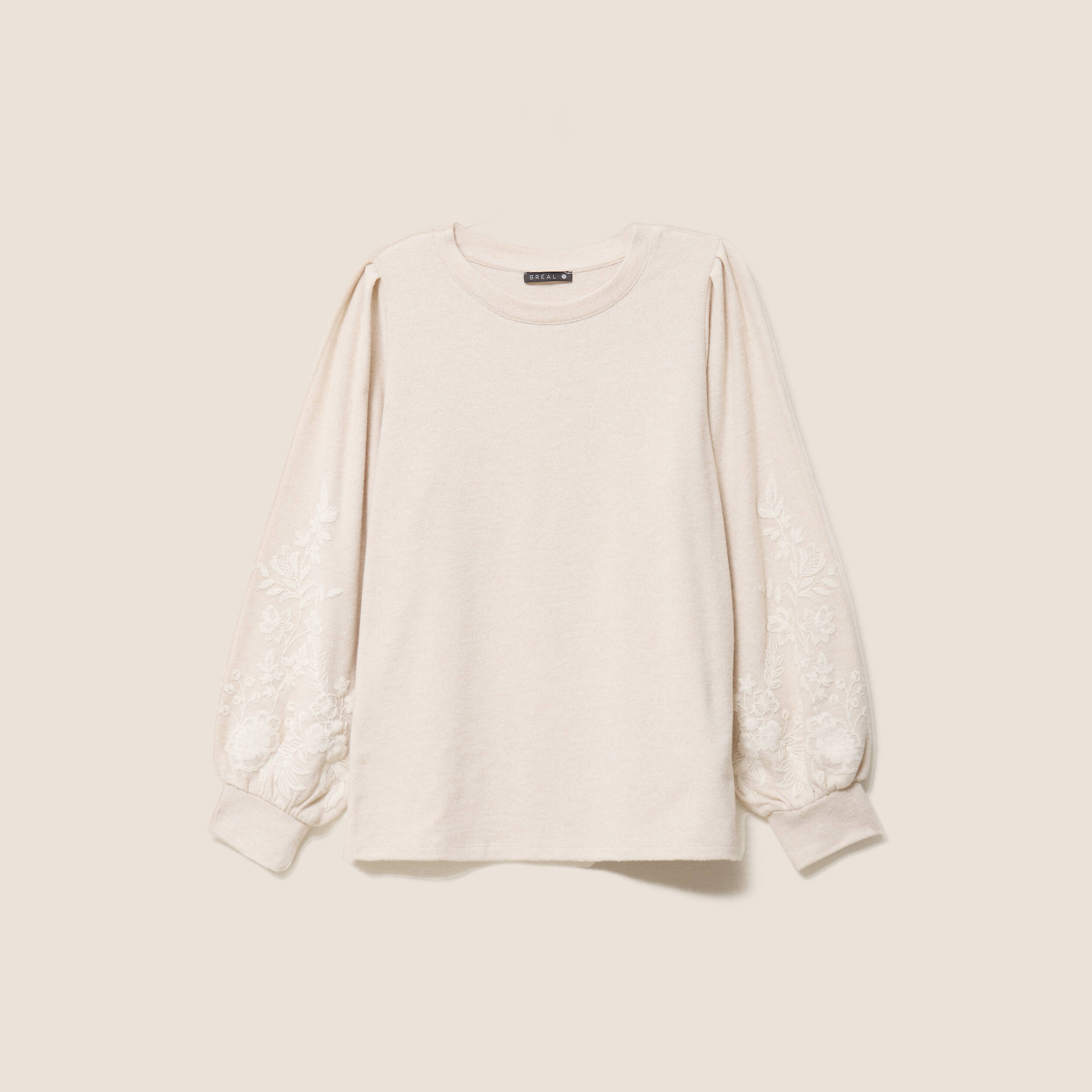 Sweat duveteux col rond manches longues creme femme