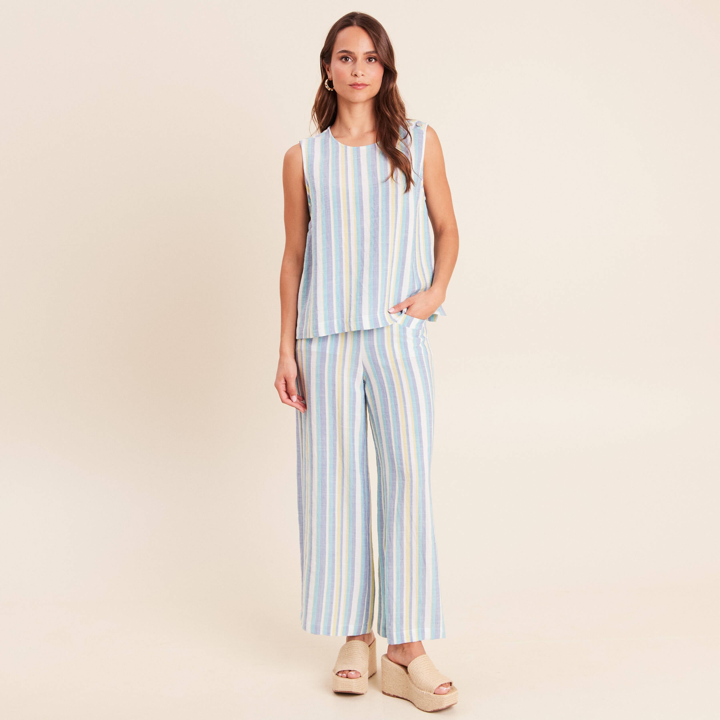 Pantalon large 7/8&egrave;me taille haute bleu femme