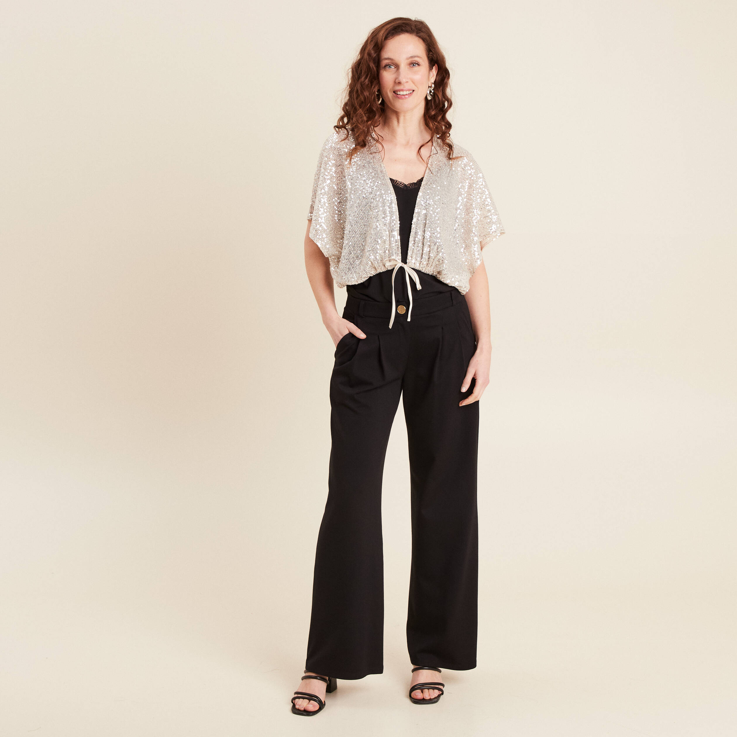 Veste kimono courte sequins couleur or femme