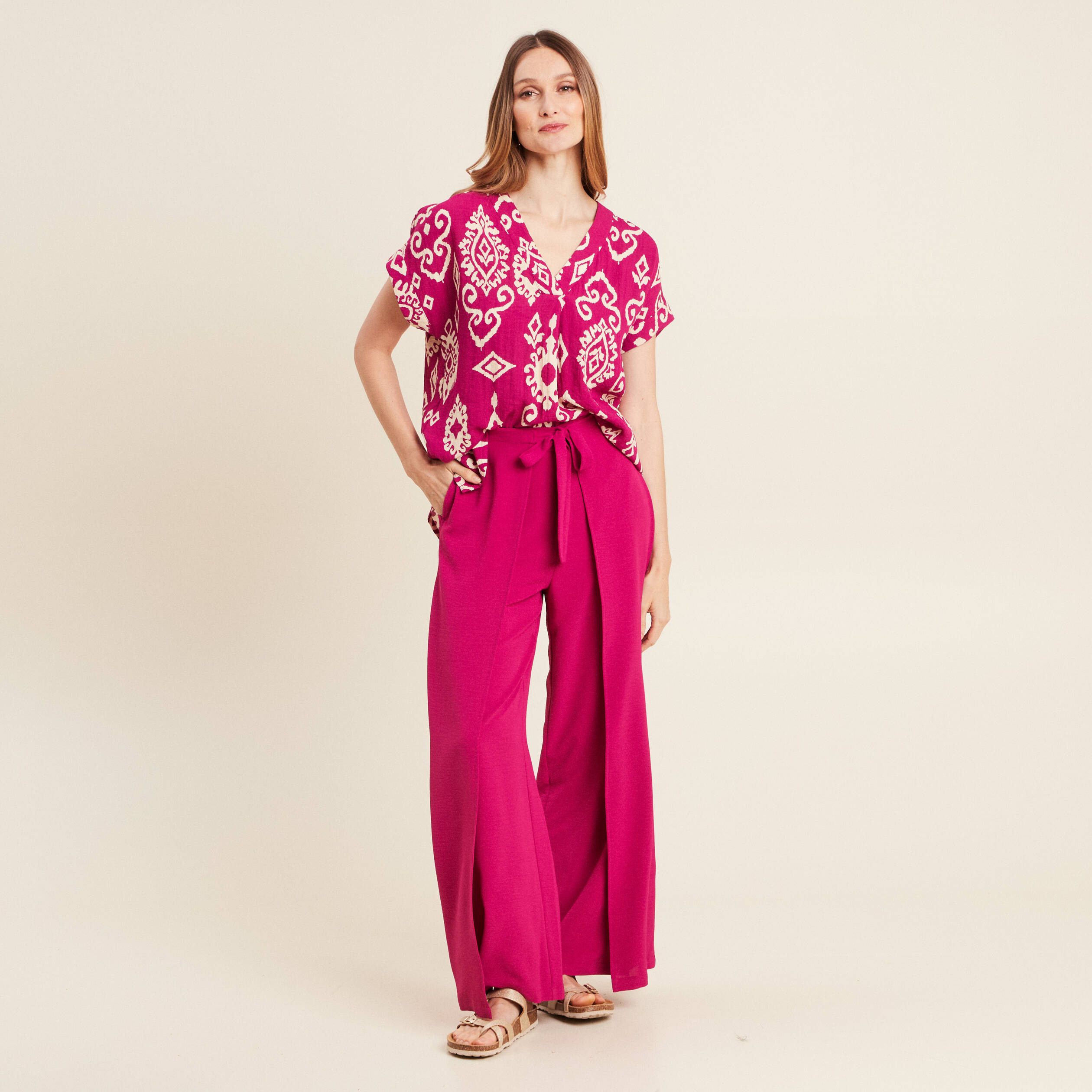 Blouse manches courtes rose fushia femme