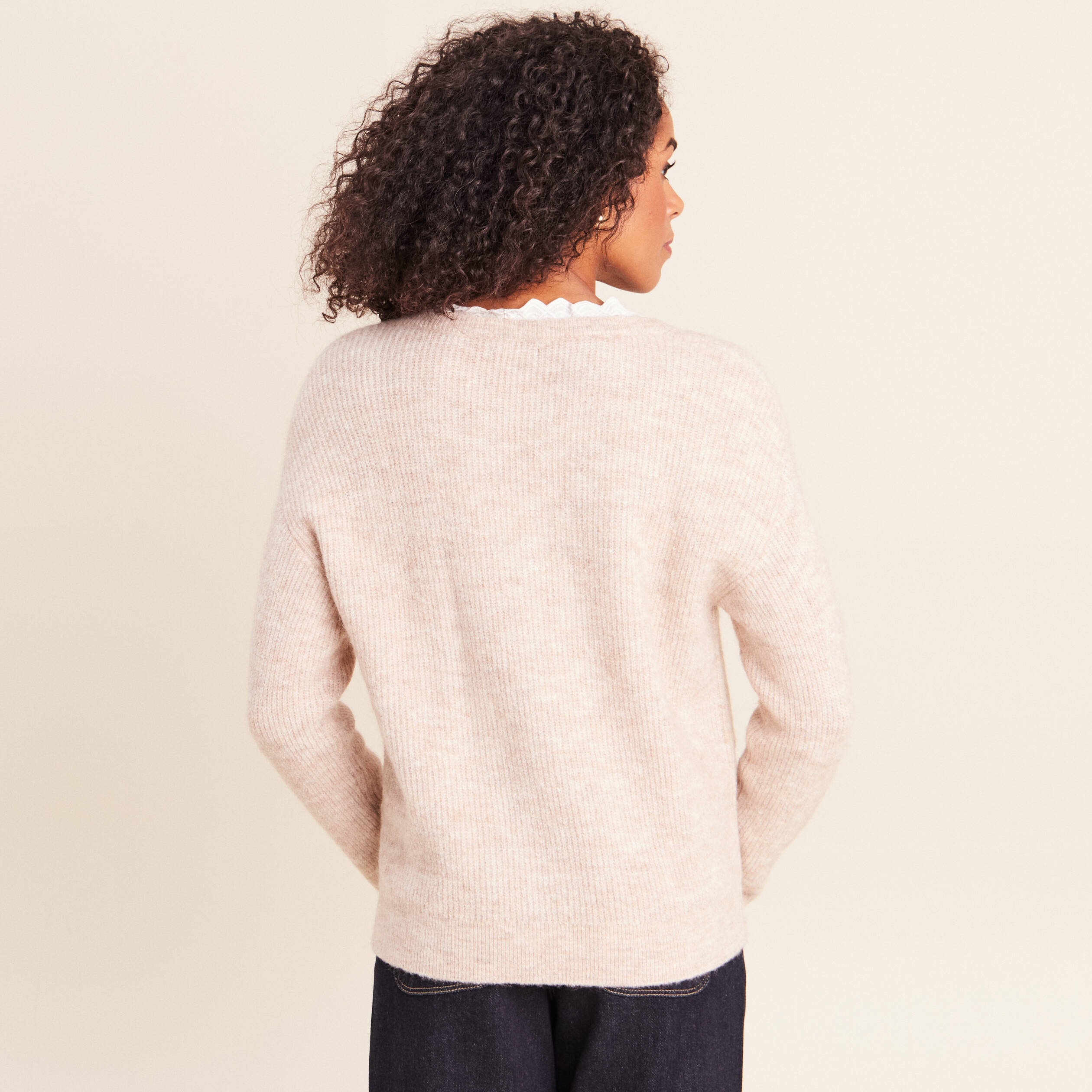 Pull col v beige femme