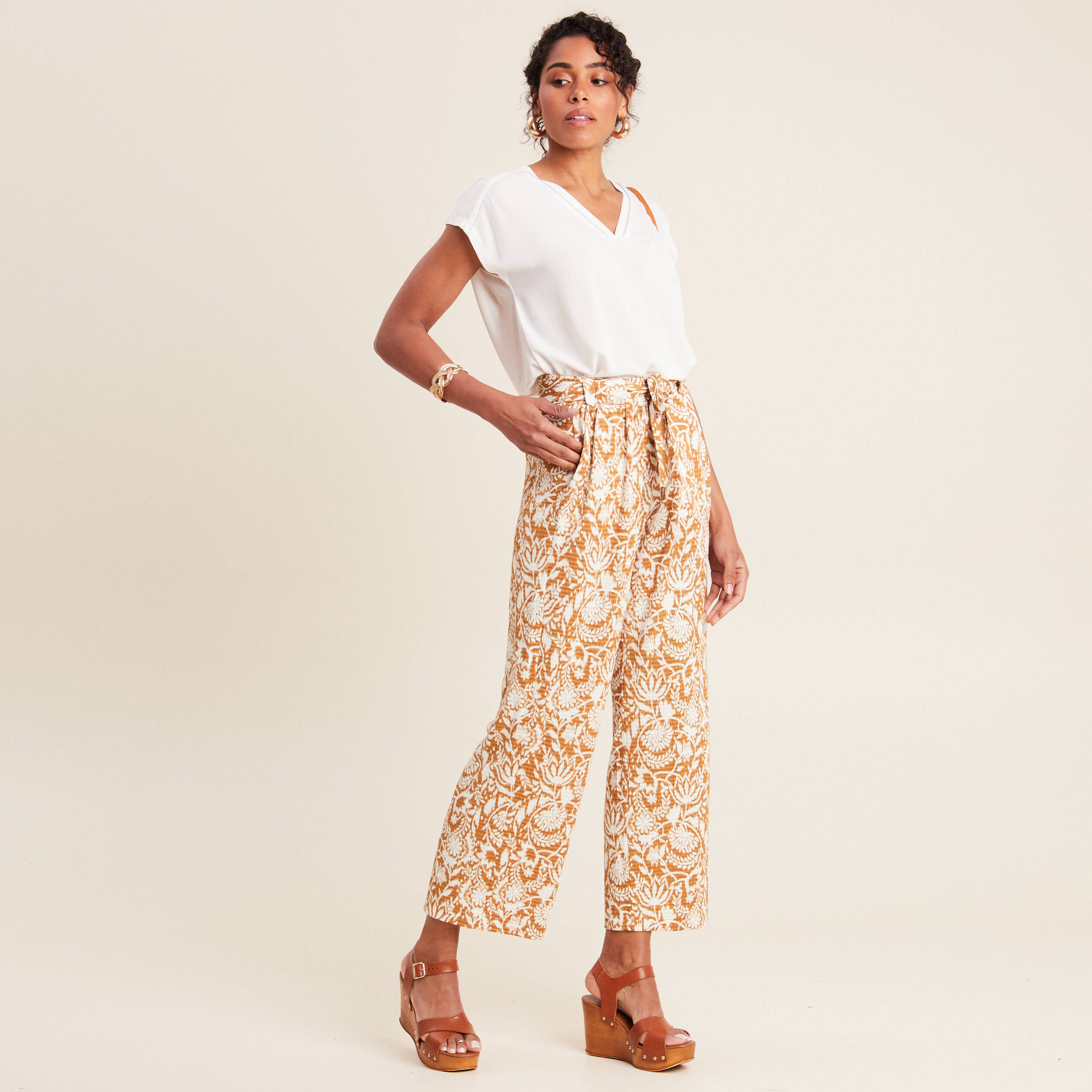 Pantalon ample taille haute marron femme Breal