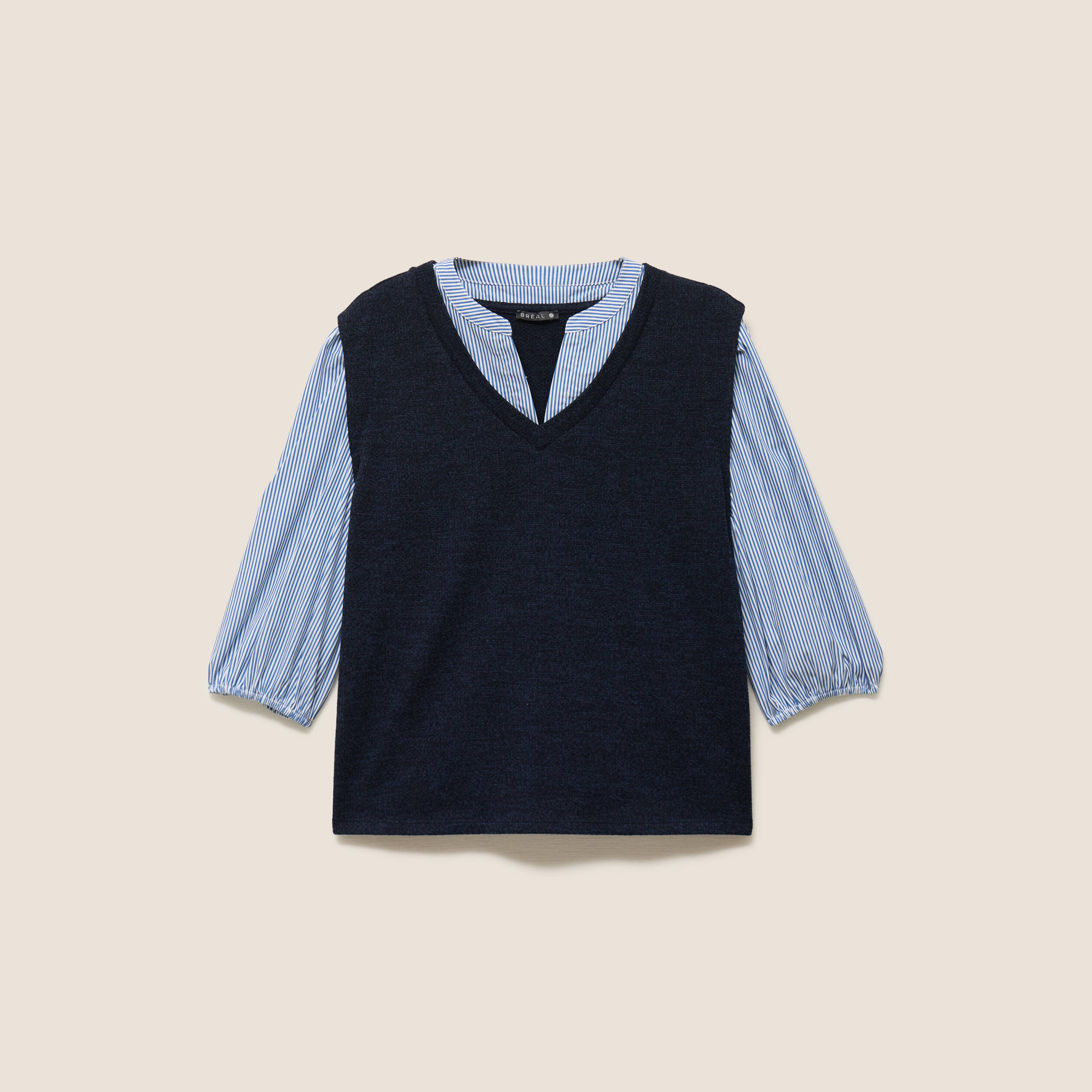 T-shirt 2 en 1 col tunisien manches 3/4 bleu marine femme