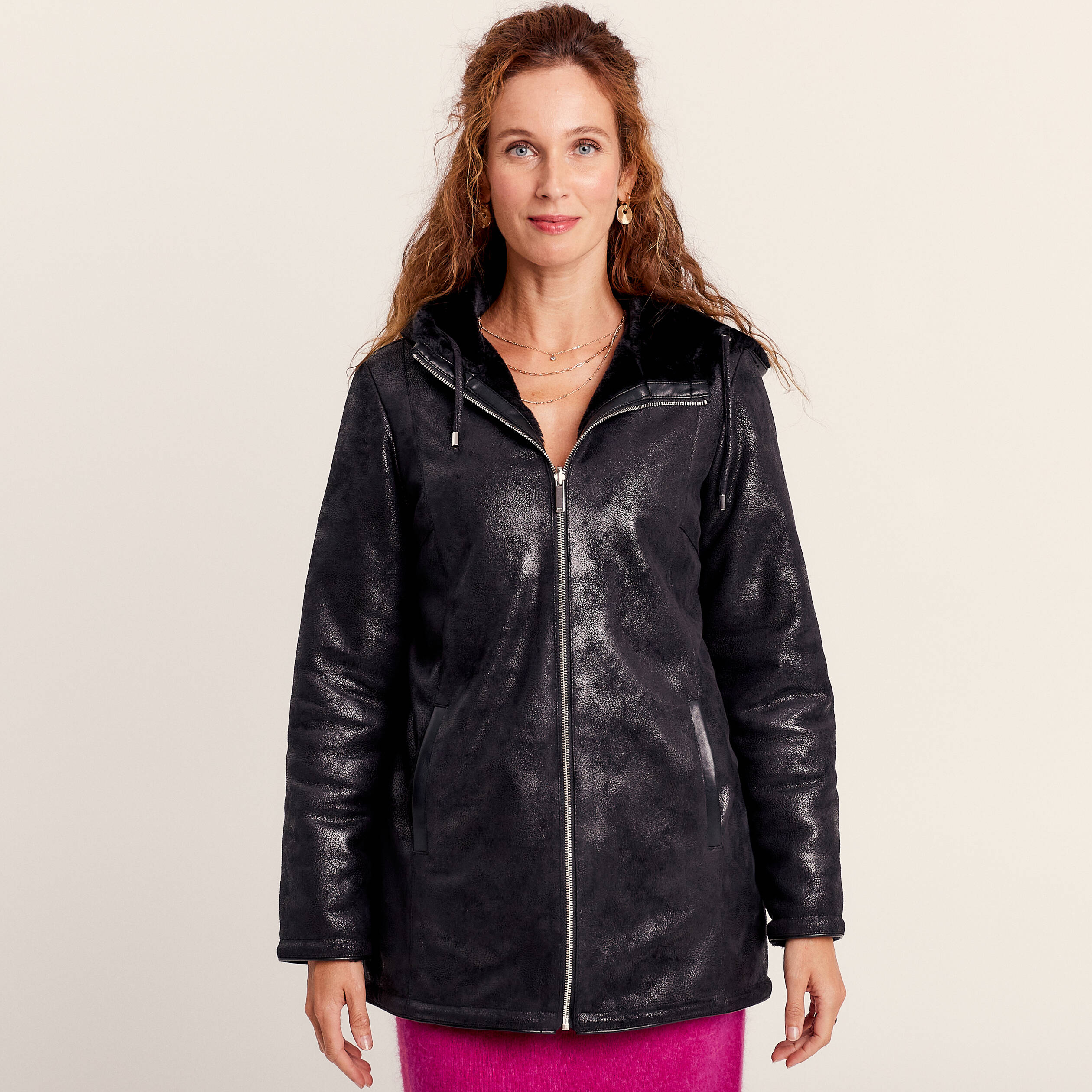 Manteau droit r versible noir femme
