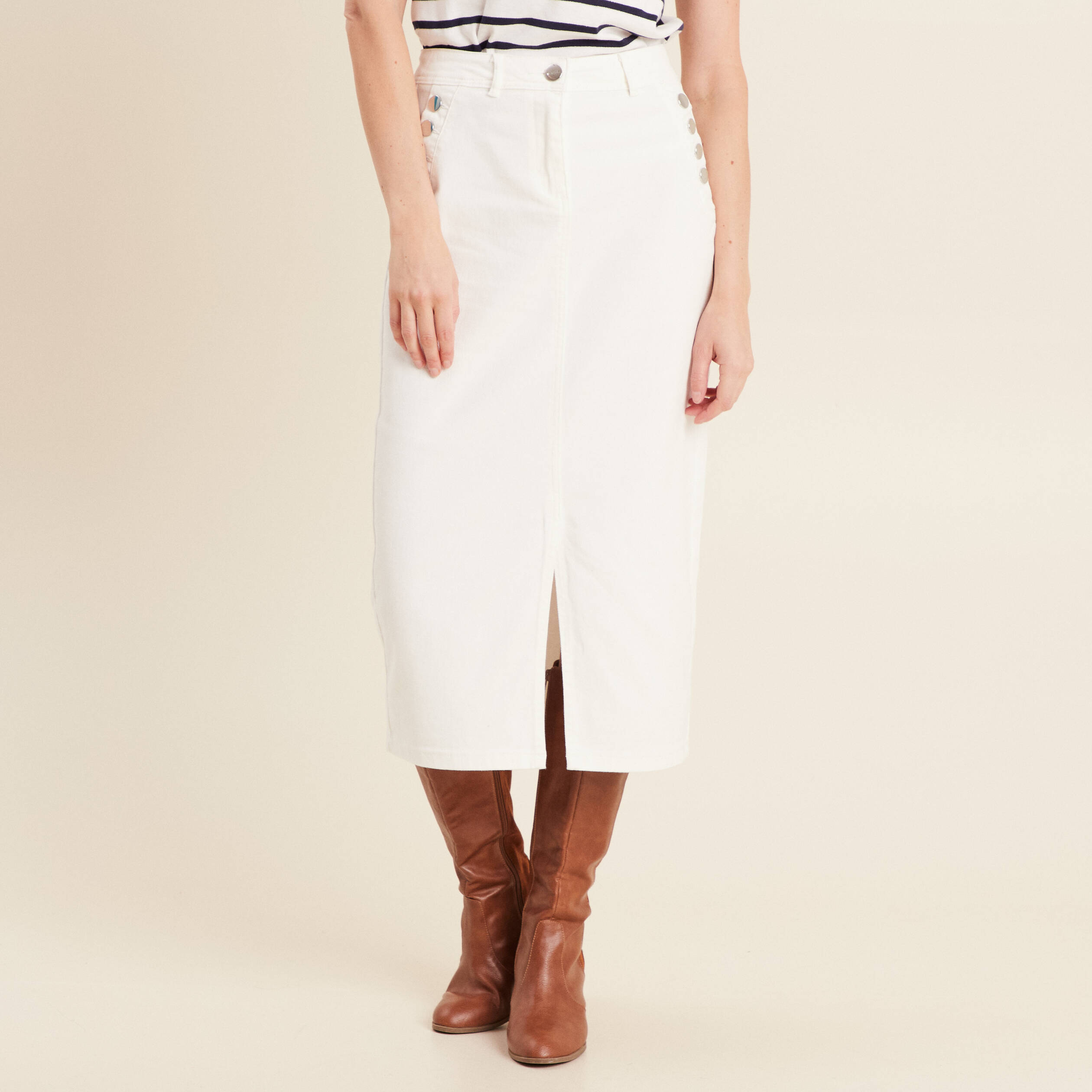 Jupe longue droite en jean blanc femme