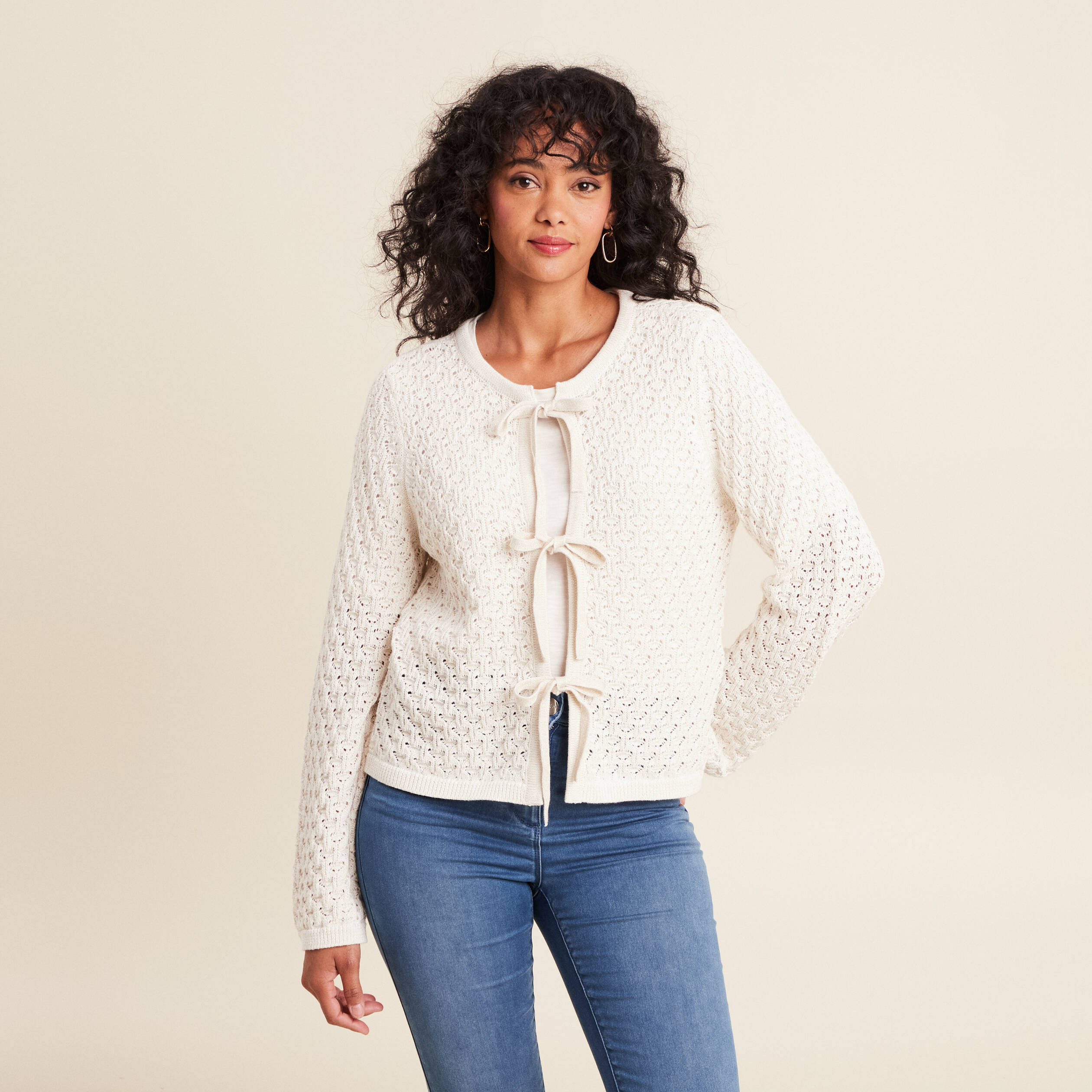 Gilet droit mi-long col V ecru femme