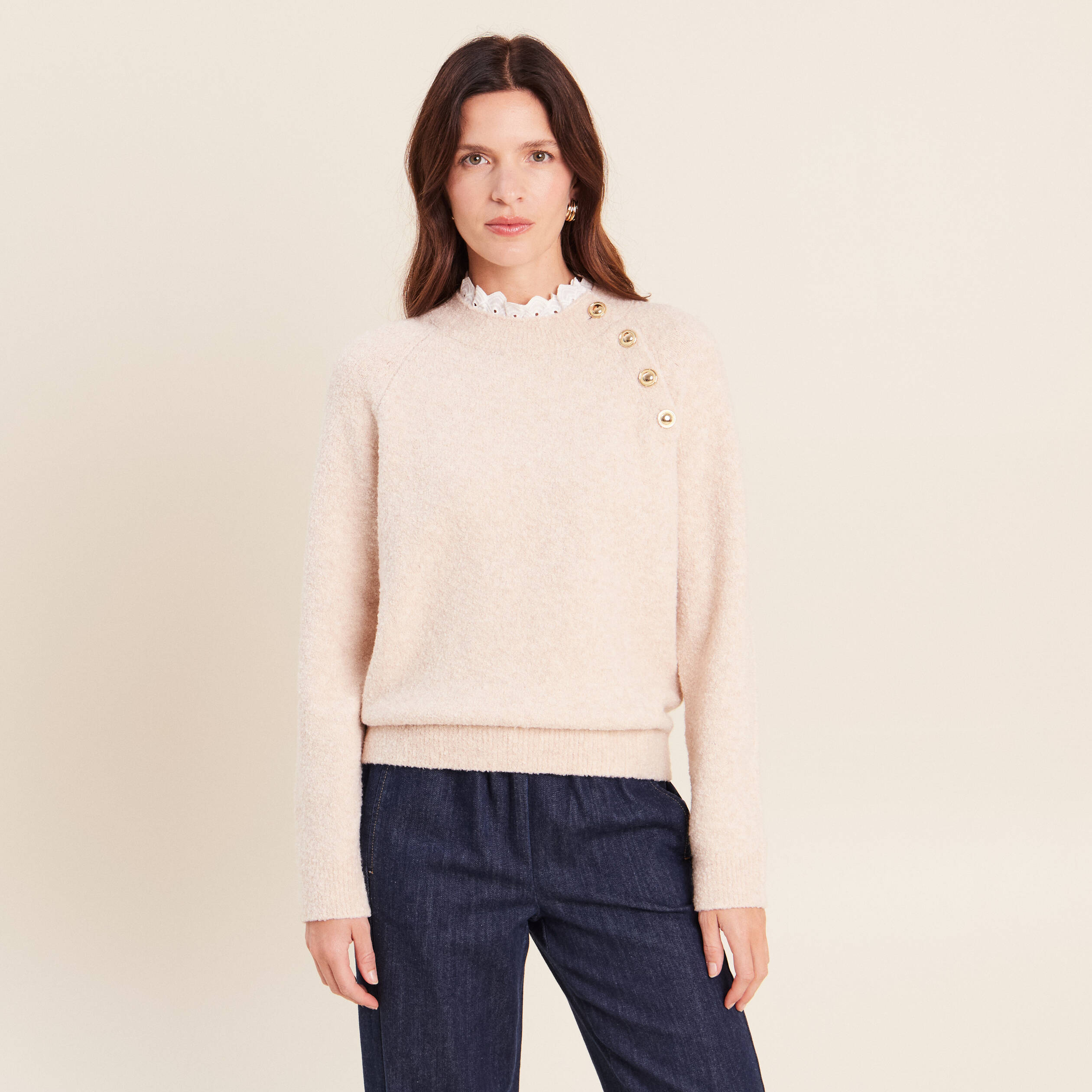 Pull bi-mati&egrave;re col montant ecru femme