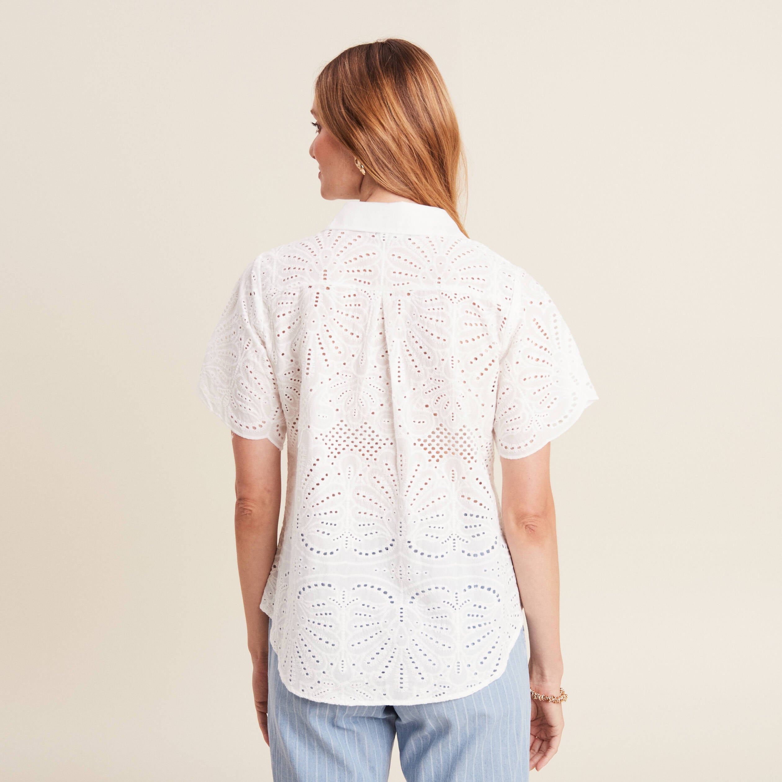 Chemise manches courtes brod&eacute;e ecru femme