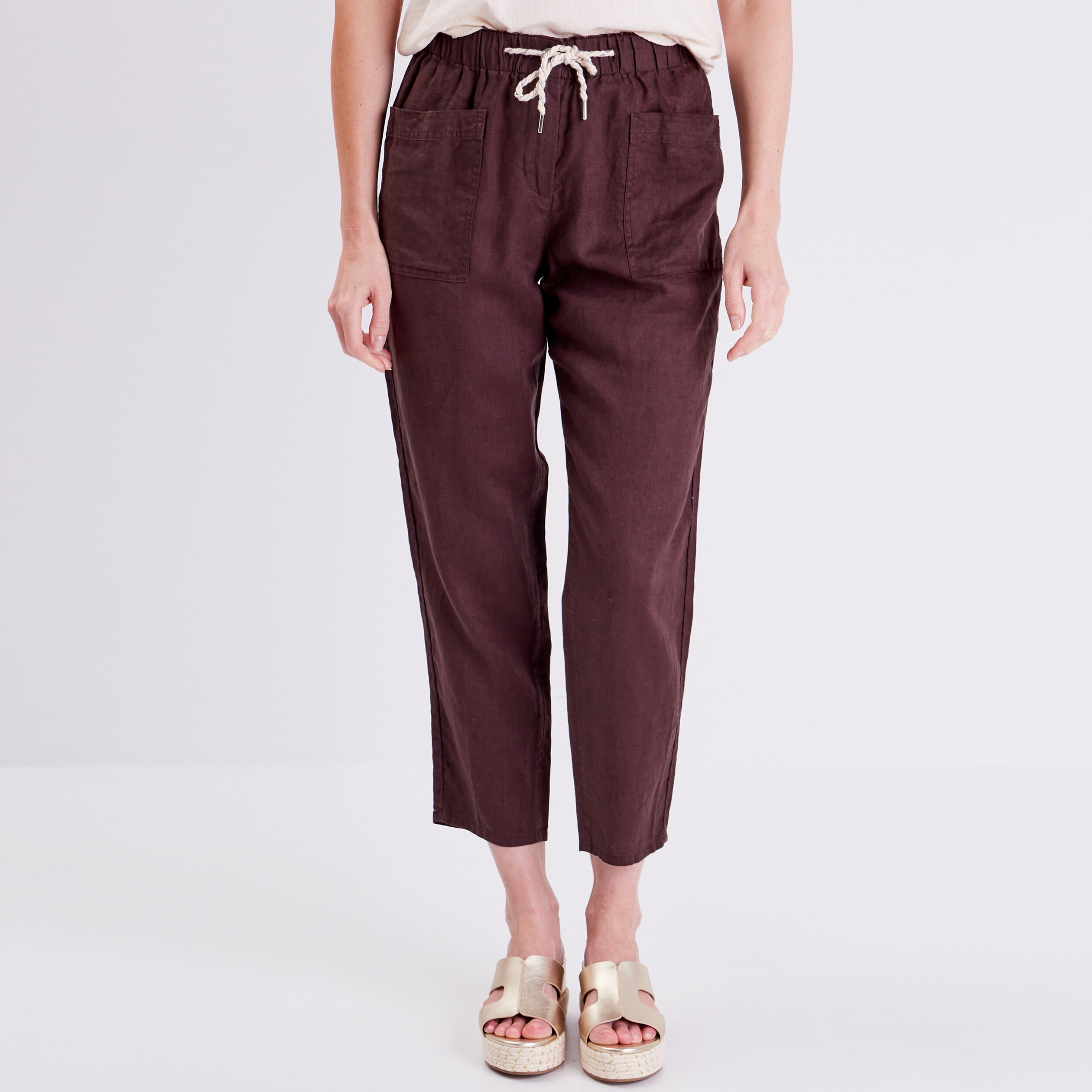 Pantalon battle en lin marron fonc&eacute; femme