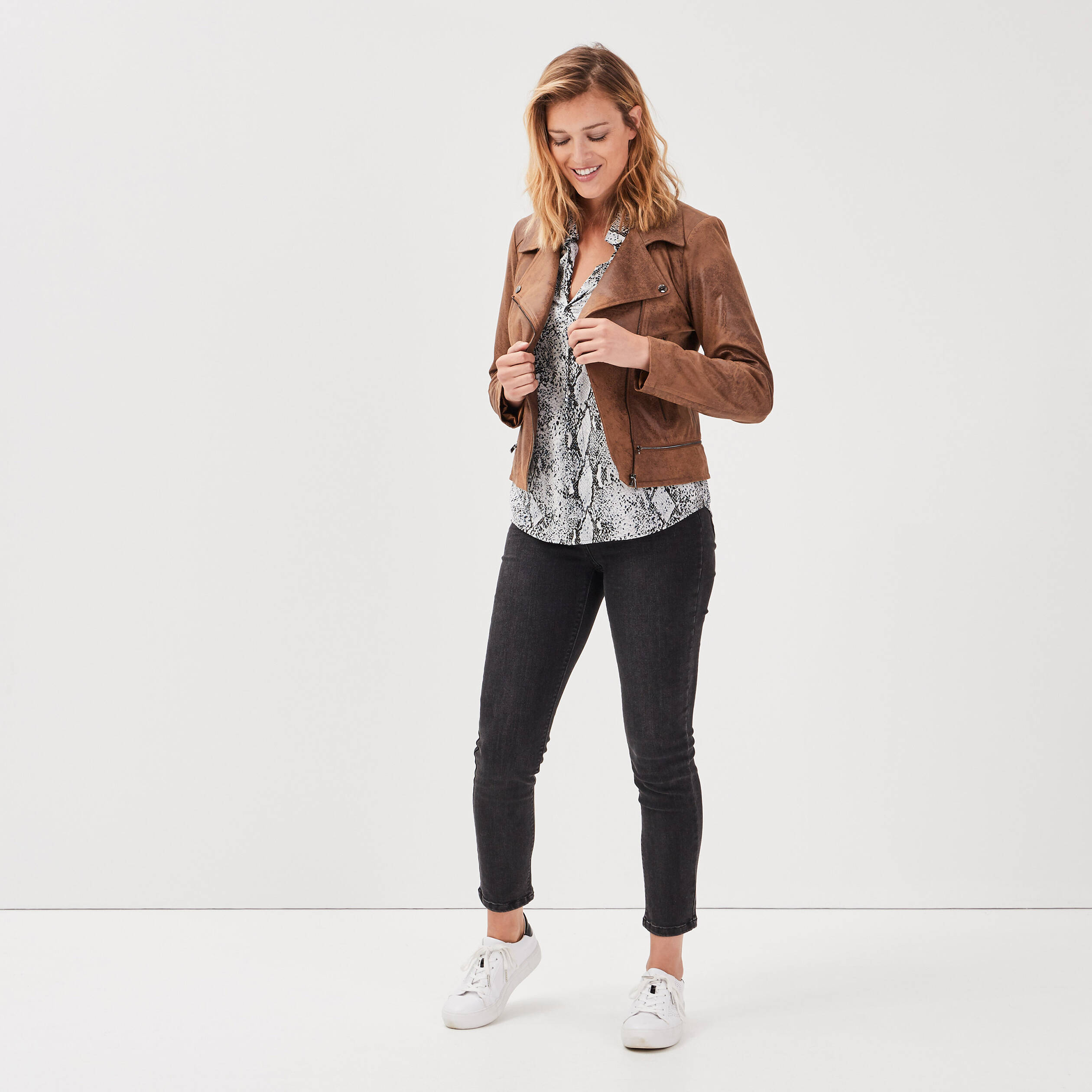 Veste esprit motard zippée marron foncé femme