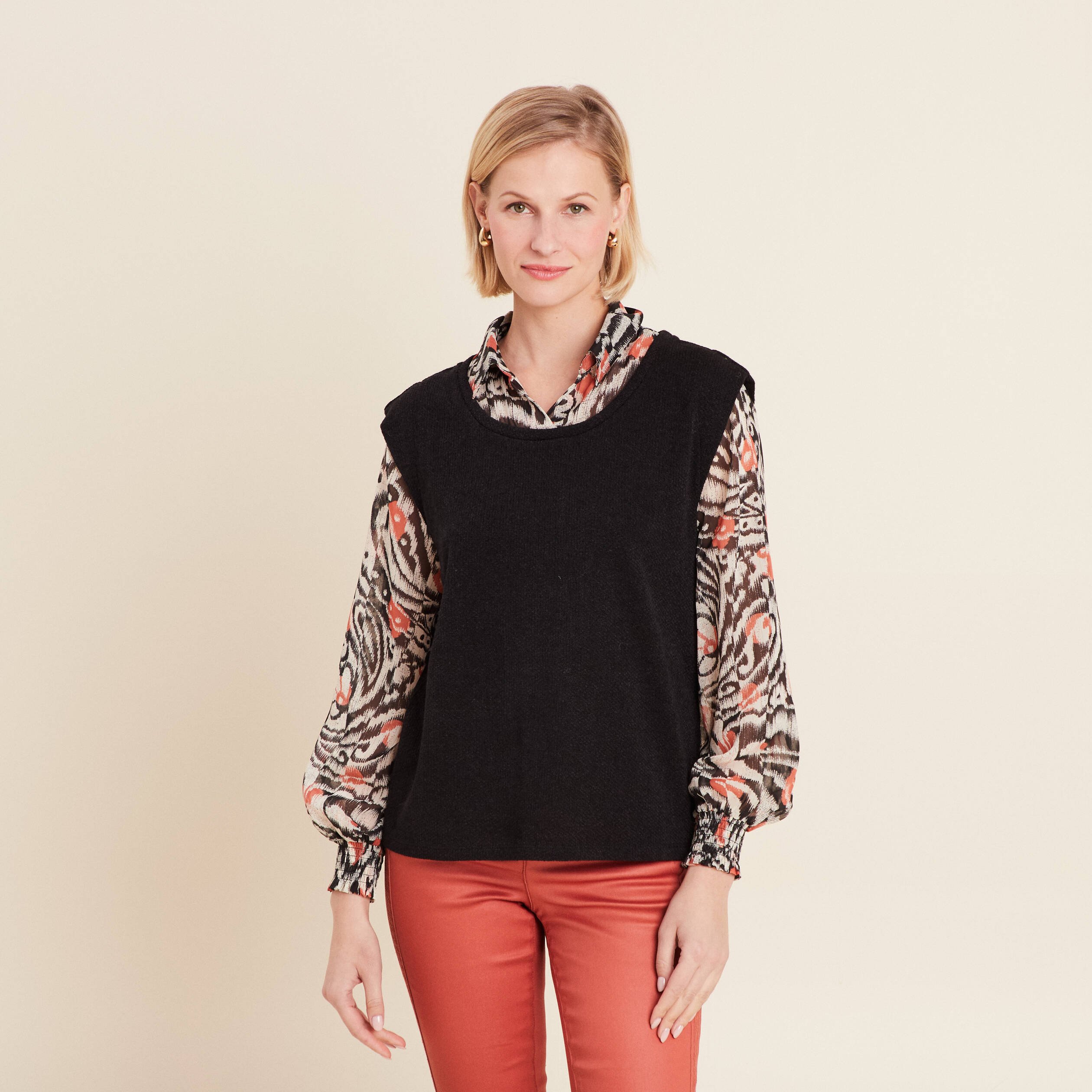 t shirt manches longues 2 en 1 orange femme T-shirt manches longues 2-en-1 orange femme